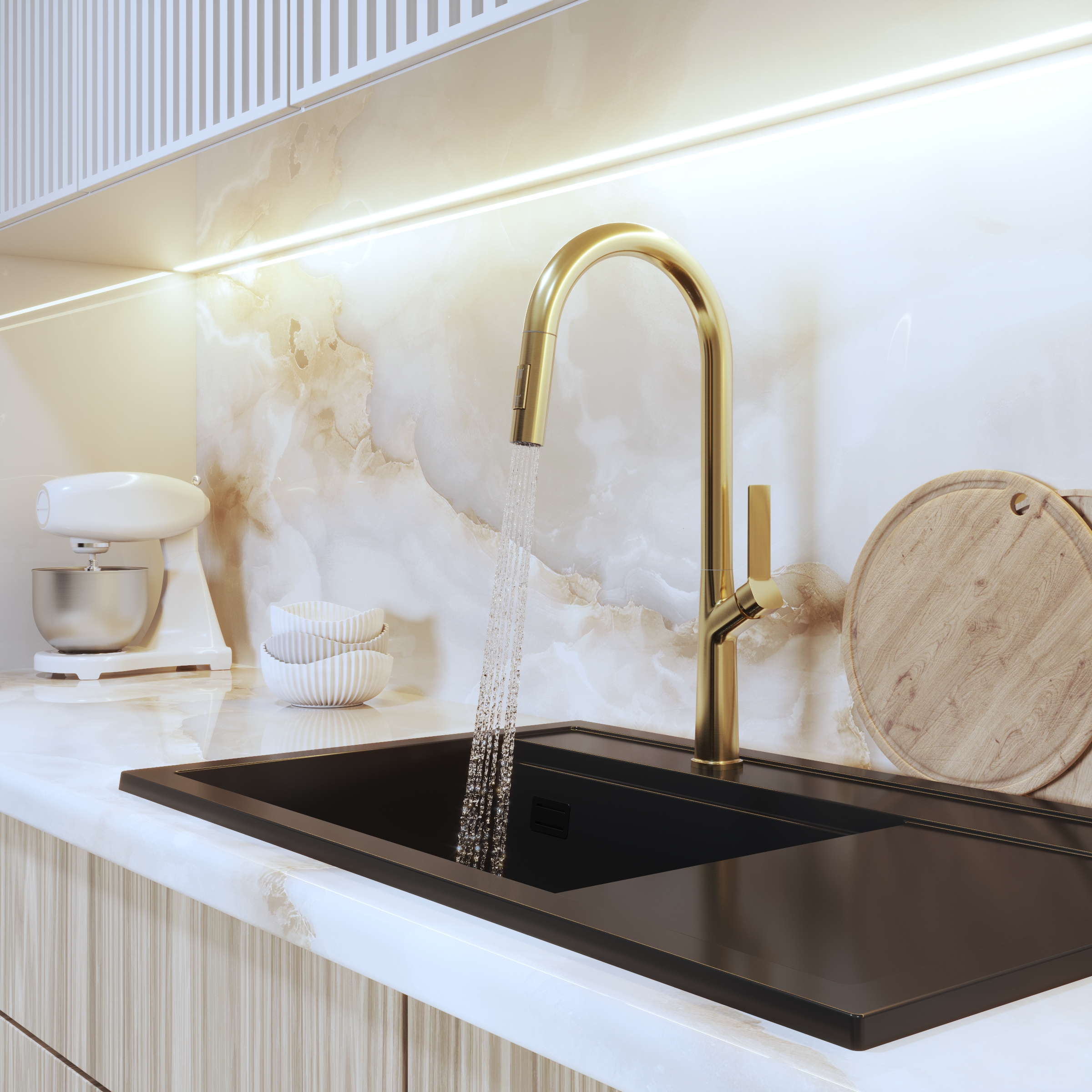 Bateria kuchenna LAVRE AWRA złoto szczotkowane aranżacja