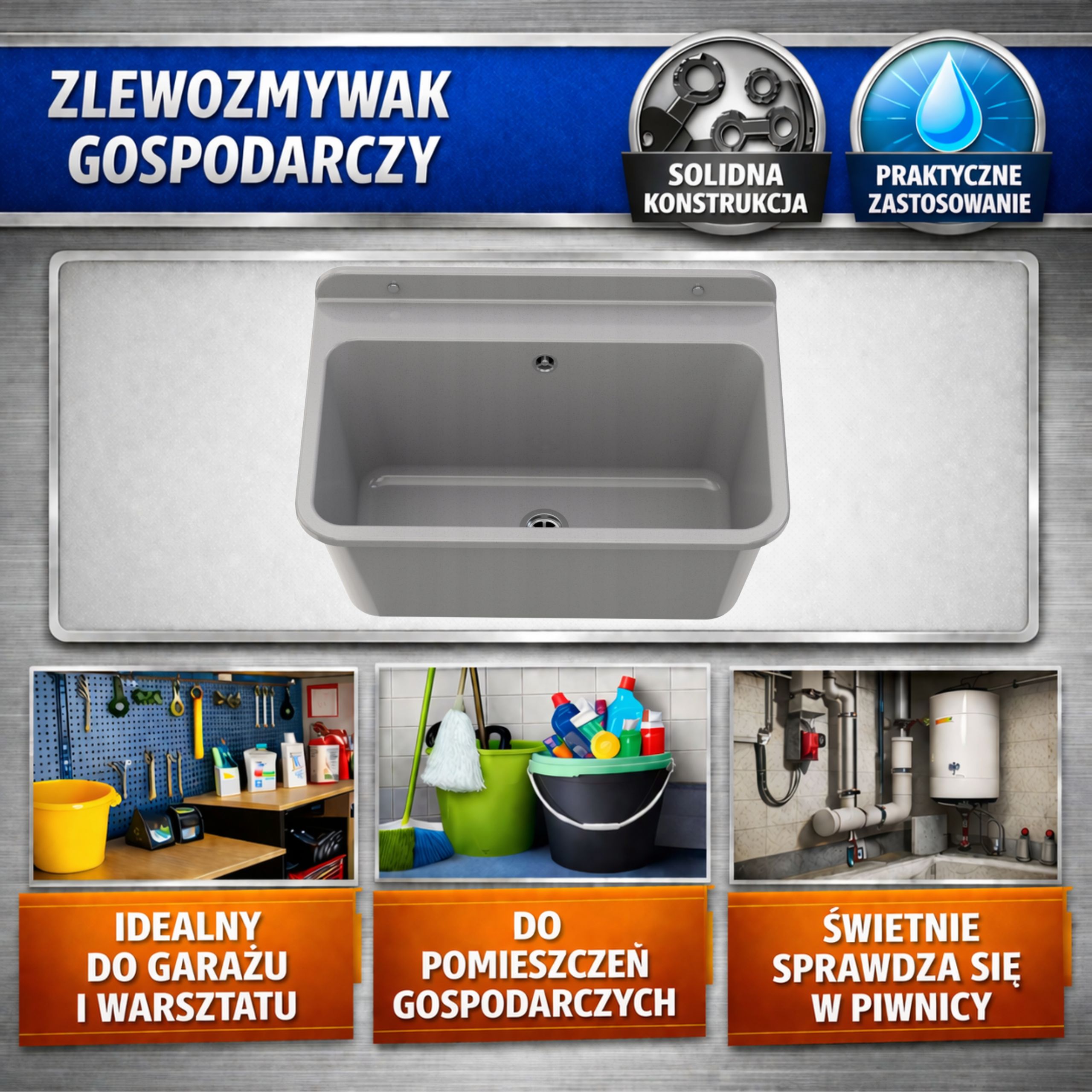 Szary zlewozmywak gospodarczy LARGE z baterią stojącą FLEX