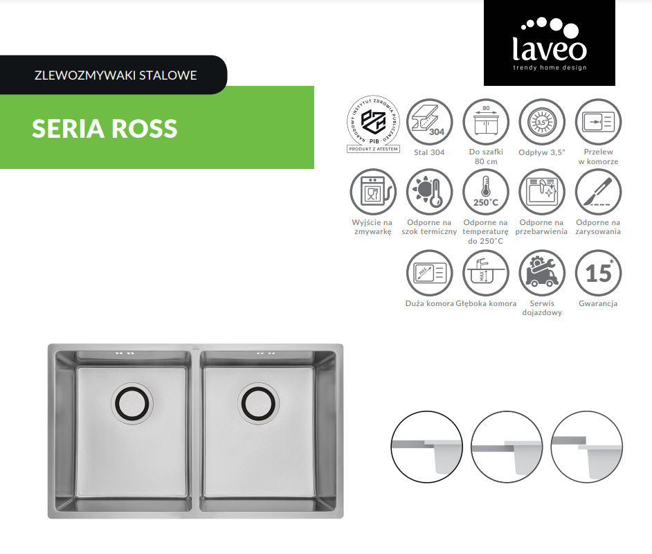 Zlewozmywak stalowy LAVEO ROSS INOX 2-komorowy