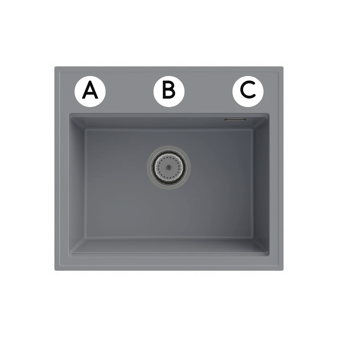 Miejsca A, B, C do nawiercenia otworów w zlewozmywaku MODERN SZARY