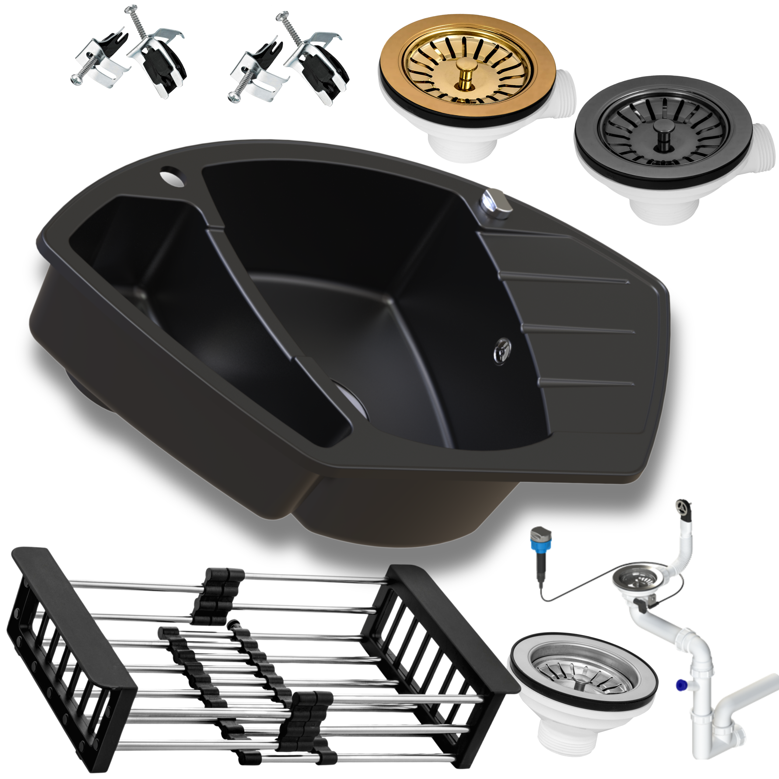 Zlewozmywak granitowy SIQUALY ARBARI NAROŻNY CZARNY METALIK 900 x 538 mm.- 1,5 komorowy z ociekaczem     