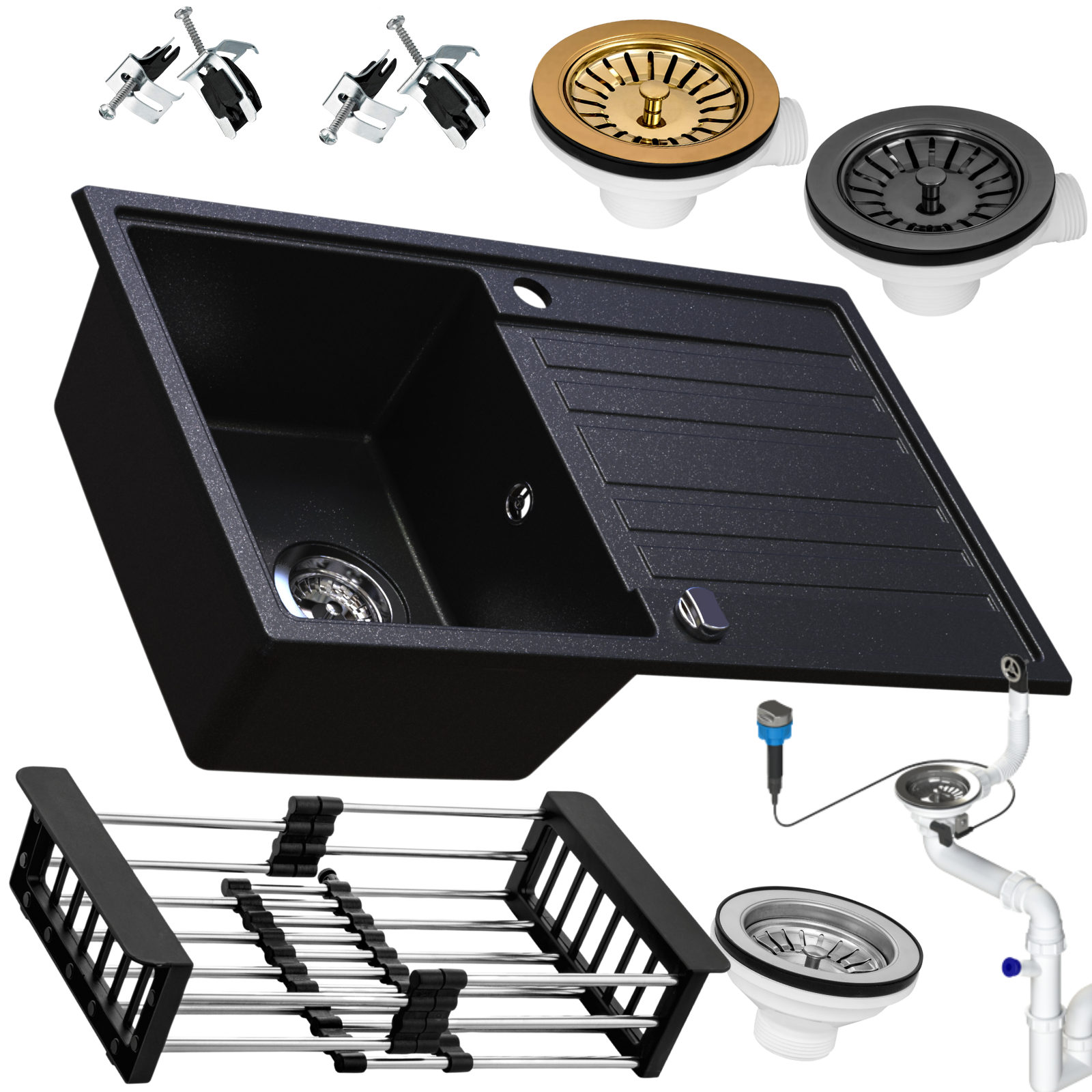 Zlewozmywak granitowy SIQUALY FORLANO CZARNY BROKAT 755 x 460 mm.- jednokomorowy z ociekaczem   