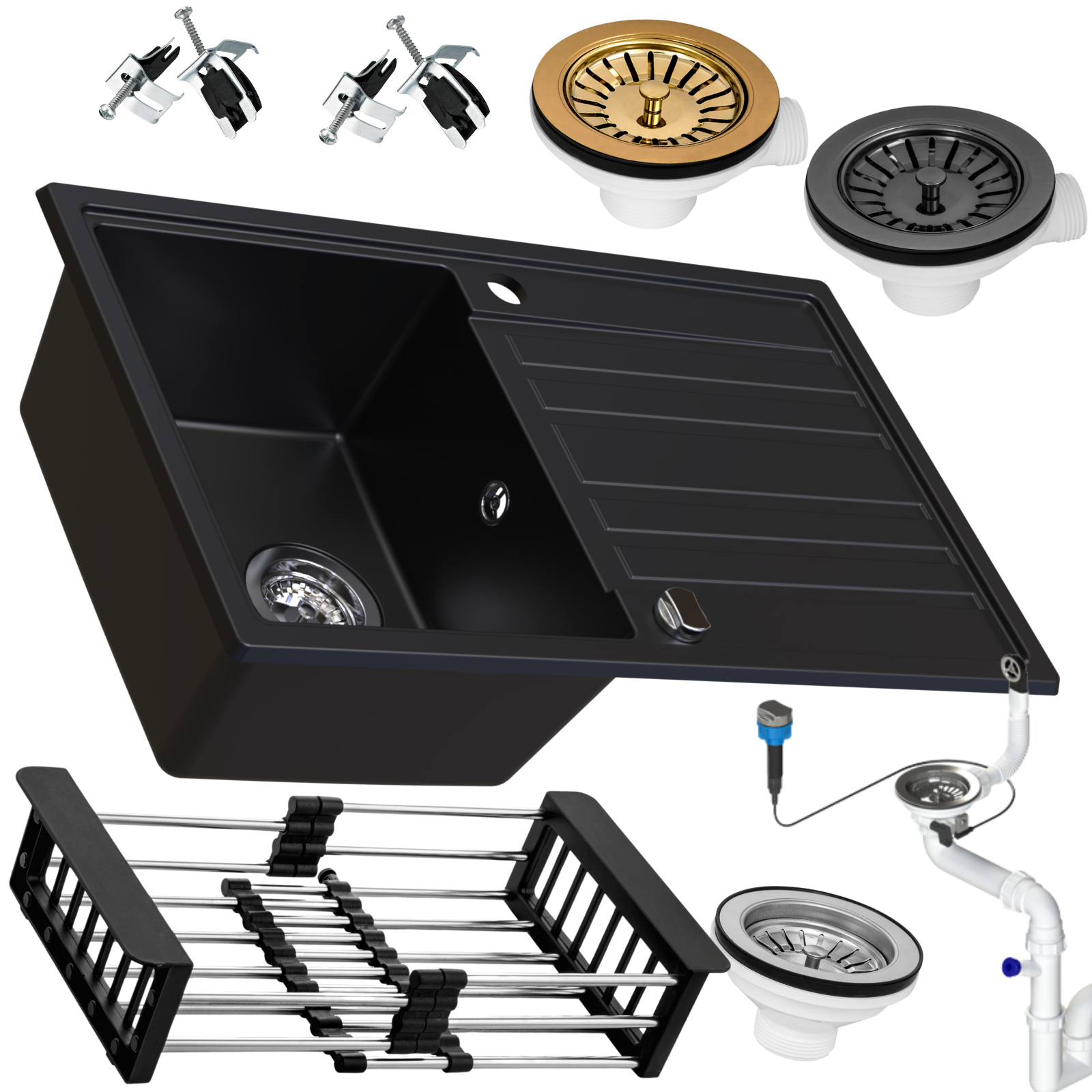 Zlewozmywak granitowy SIQUALY FORLANO CZARNY METALIK 755 x 460 mm.- jednokomorowy z ociekaczem   