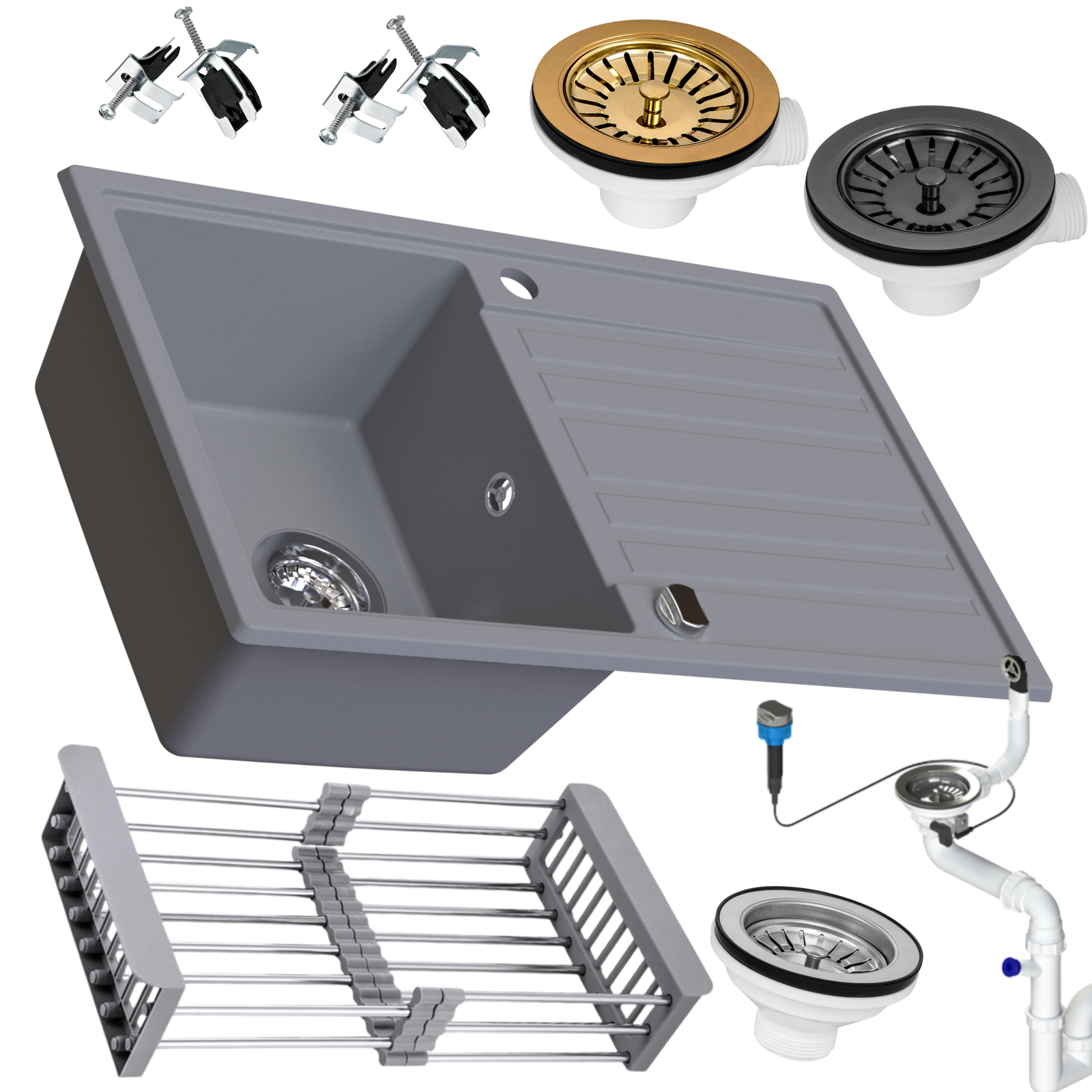 Zlewozmywak granitowy SIQUALY FORLANO SZARY 755 x 460 mm.- jednokomorowy z ociekaczem    