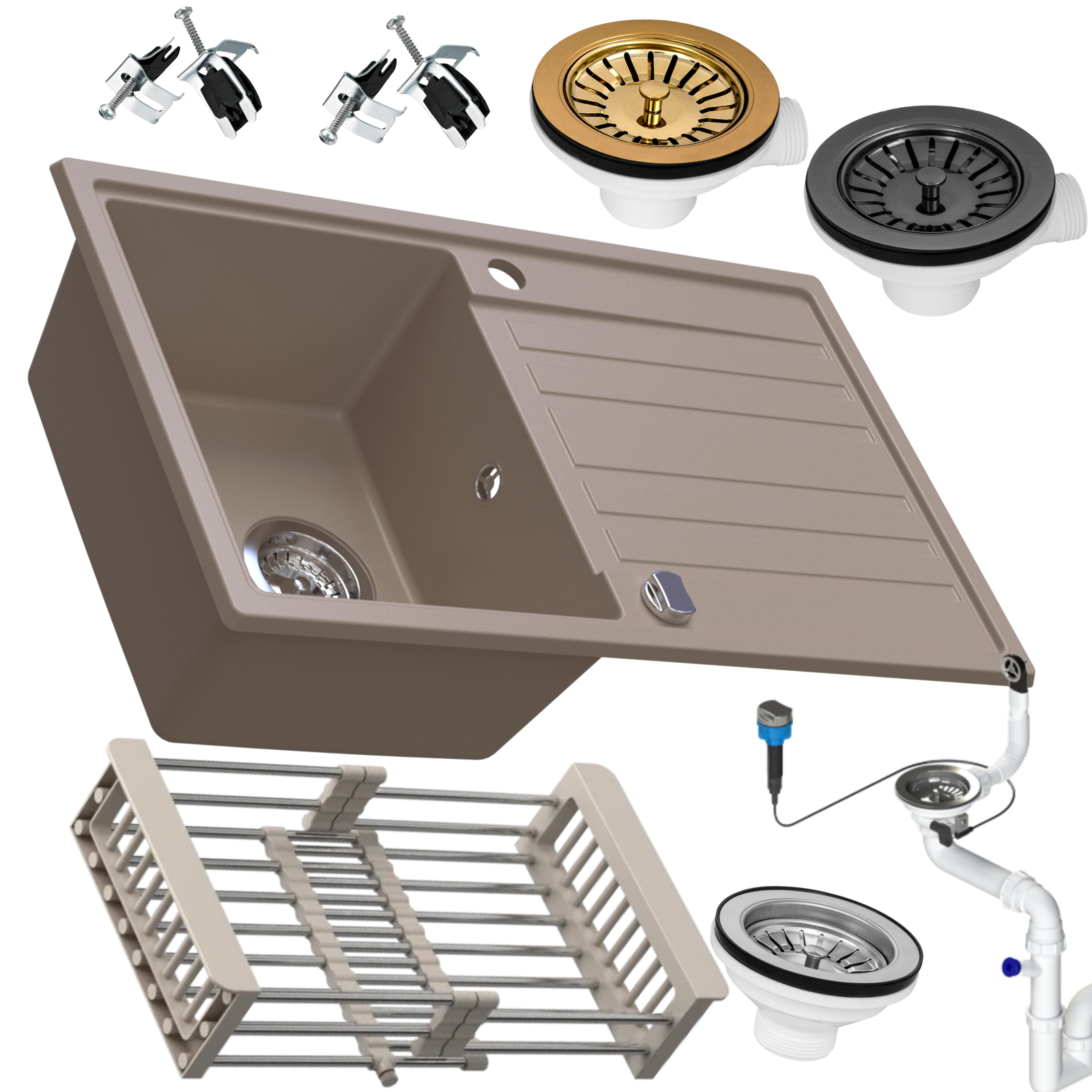 Zlewozmywak granitowy SIQUALY FORLANO BEŻOWY 755 x 460 mm.- jednokomorowy z ociekaczem     