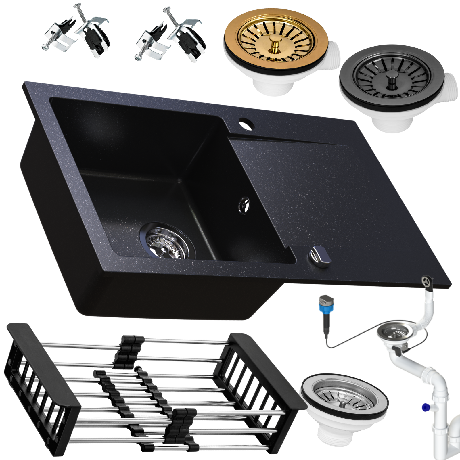 Zlewozmywak granitowy SIQUALY LEONARO CZARNY BROKAT 765 x 450 mm.- jednokomorowy z ociekaczem    