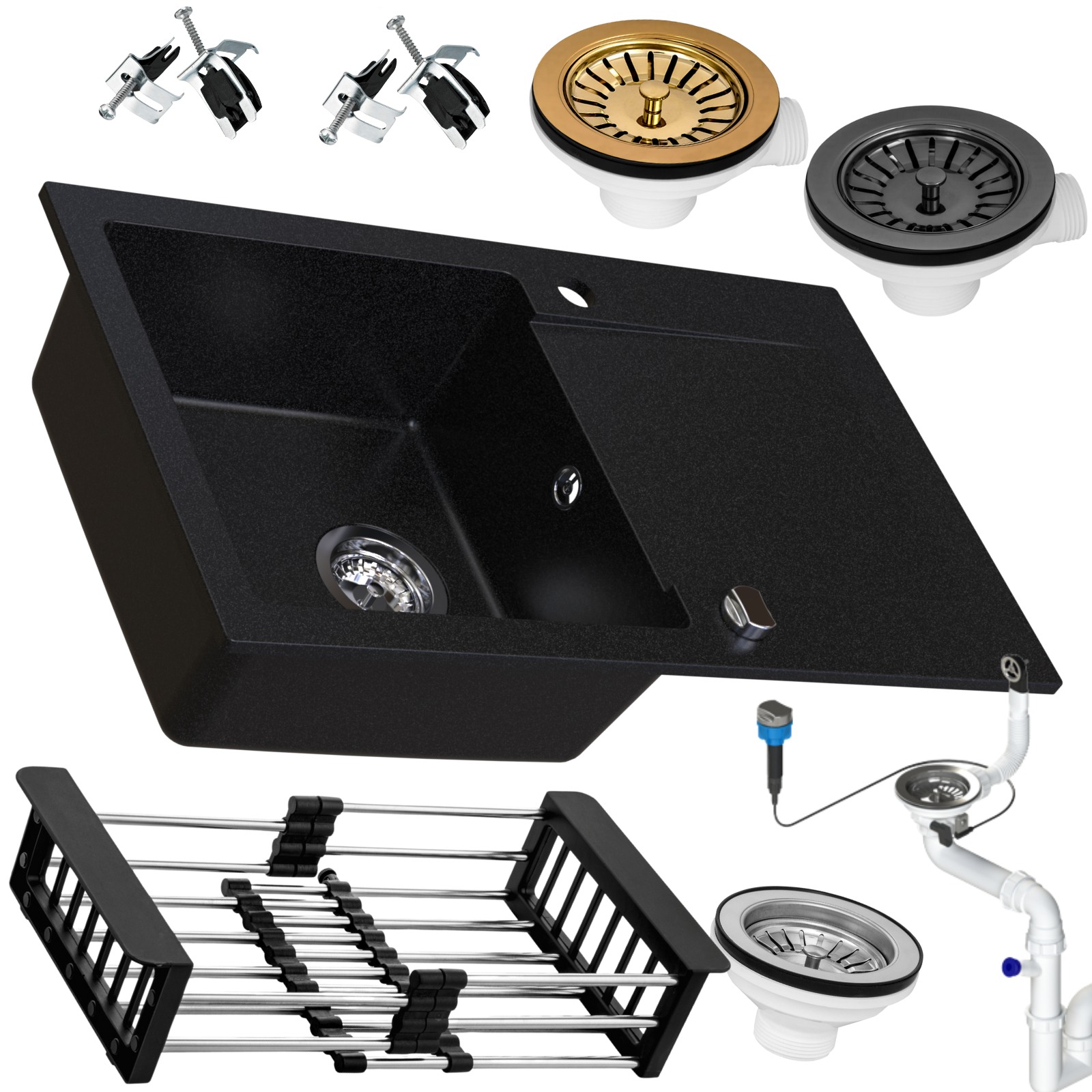 Zlewozmywak granitowy SIQUALY LEONARO CZARNY 765 x 450 mm.- jednokomorowy z ociekaczem     