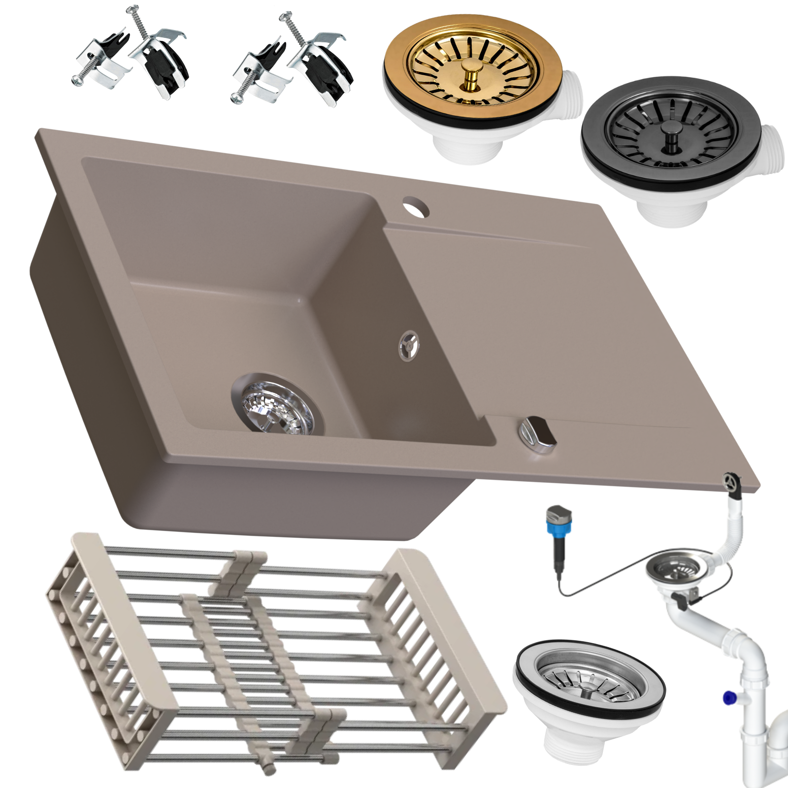 Zlewozmywak granitowy SIQUALY LEONARO BEŻOWY 765 x 450 mm.- jednokomorowy z ociekaczem     