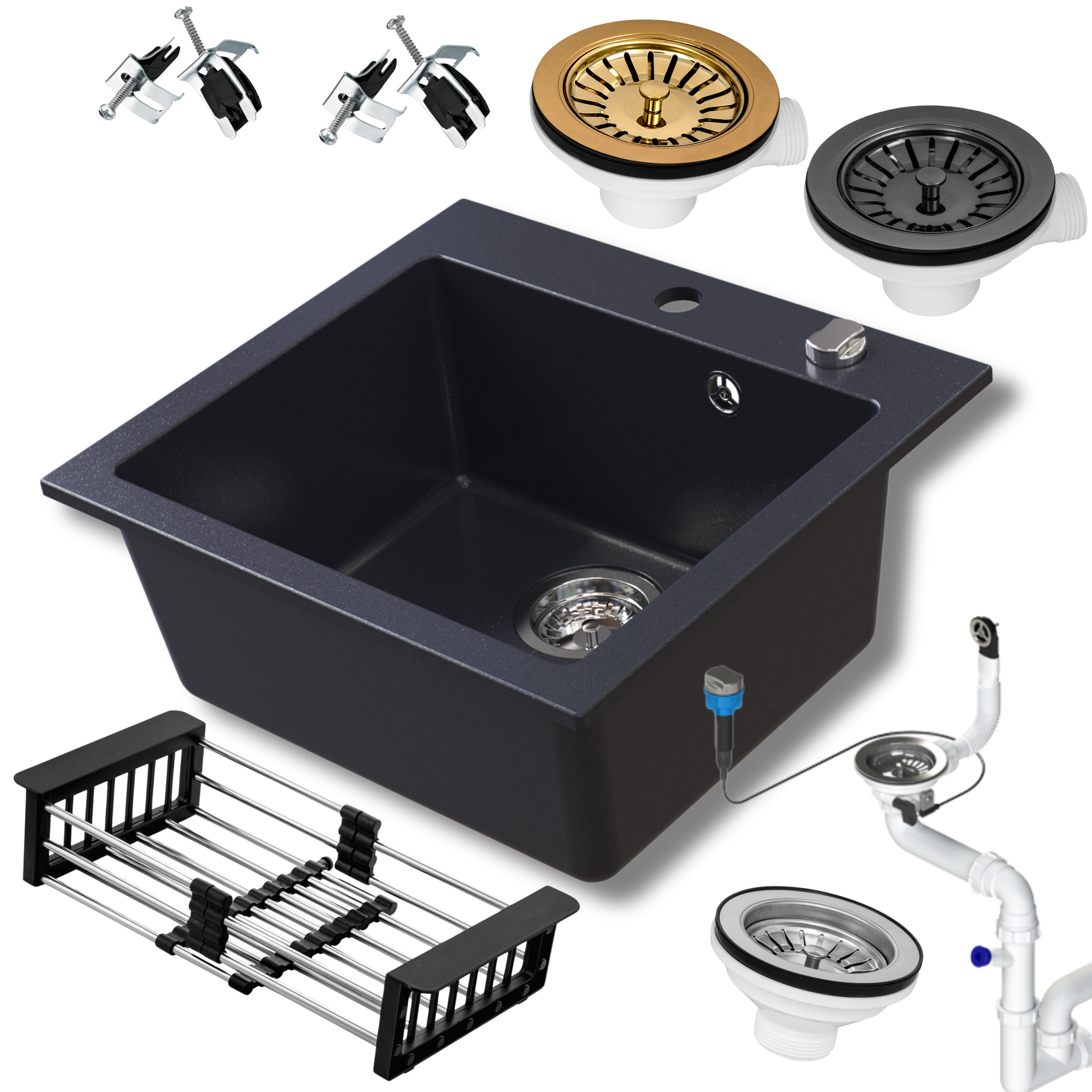 Zlewozmywak granitowy SIQUALY LEONARO CZARNY BROKAT 490 x 450 mm.- jednokomorowy 