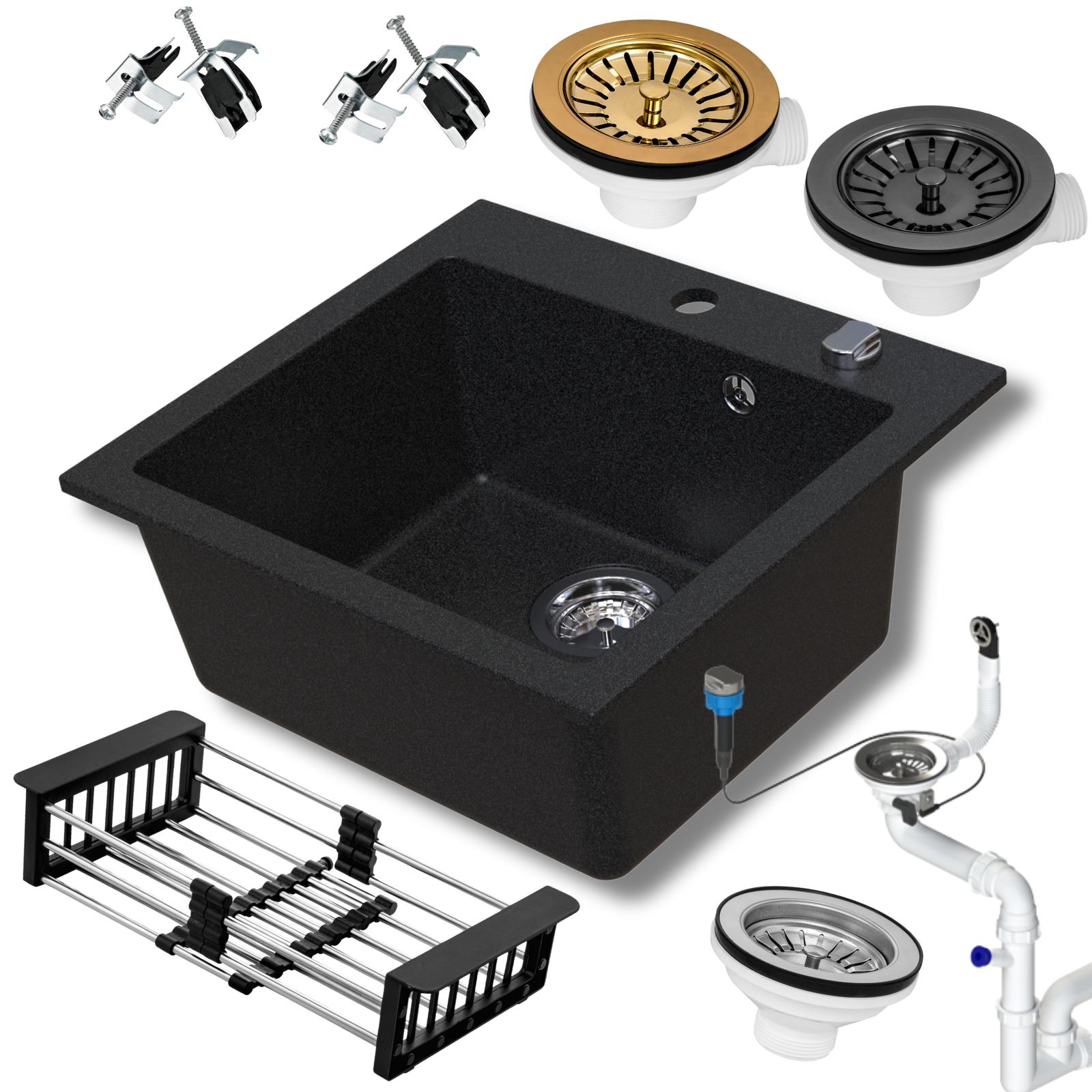 Zlewozmywak granitowy SIQUALY LEONARO CZARNY 490 x 450 mm.- jednokomorowy  