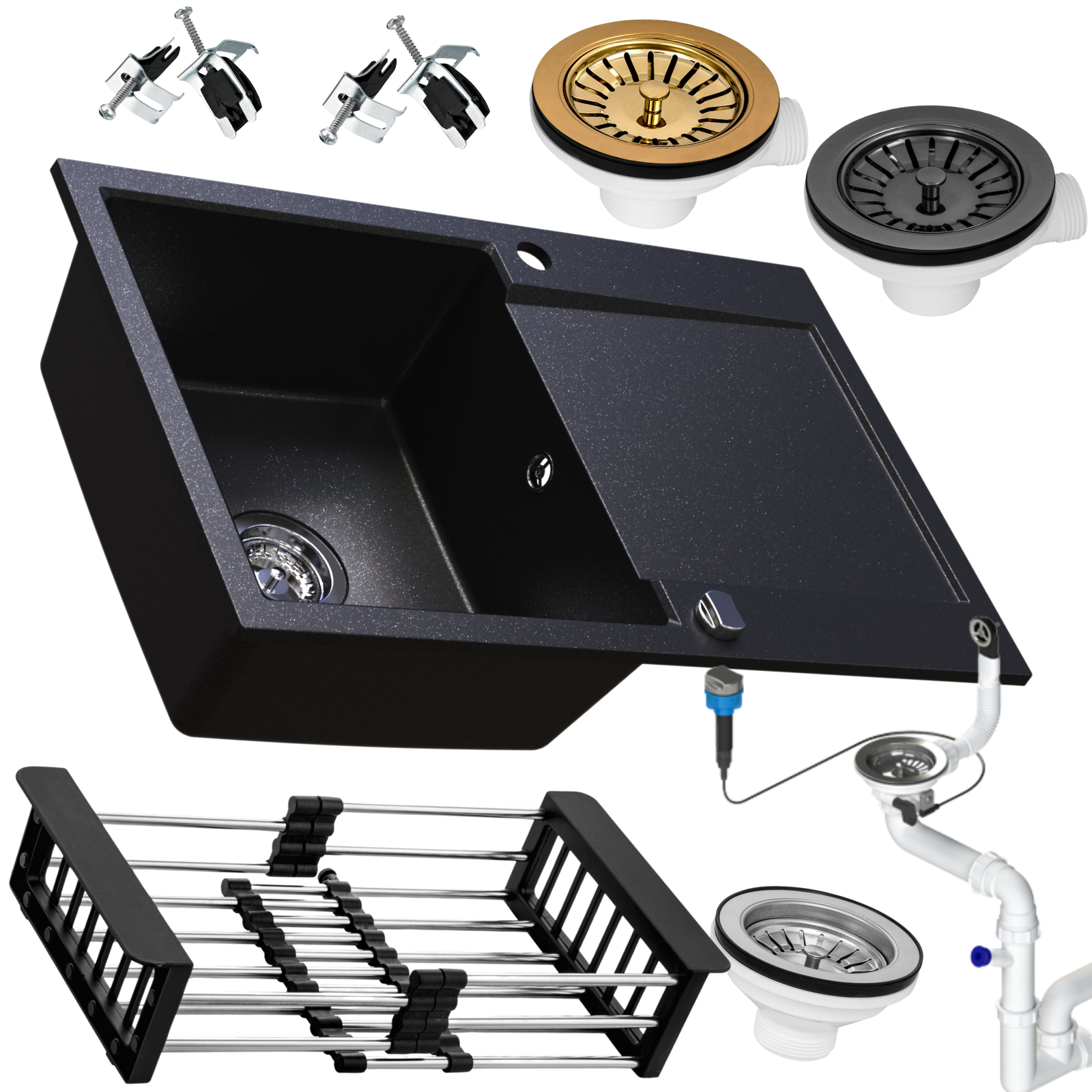 Zlewozmywak granitowy SIQUALY TORRANO CZARNY BROKAT 790 x 500 mm.- jednokomorowy z ociekaczem     