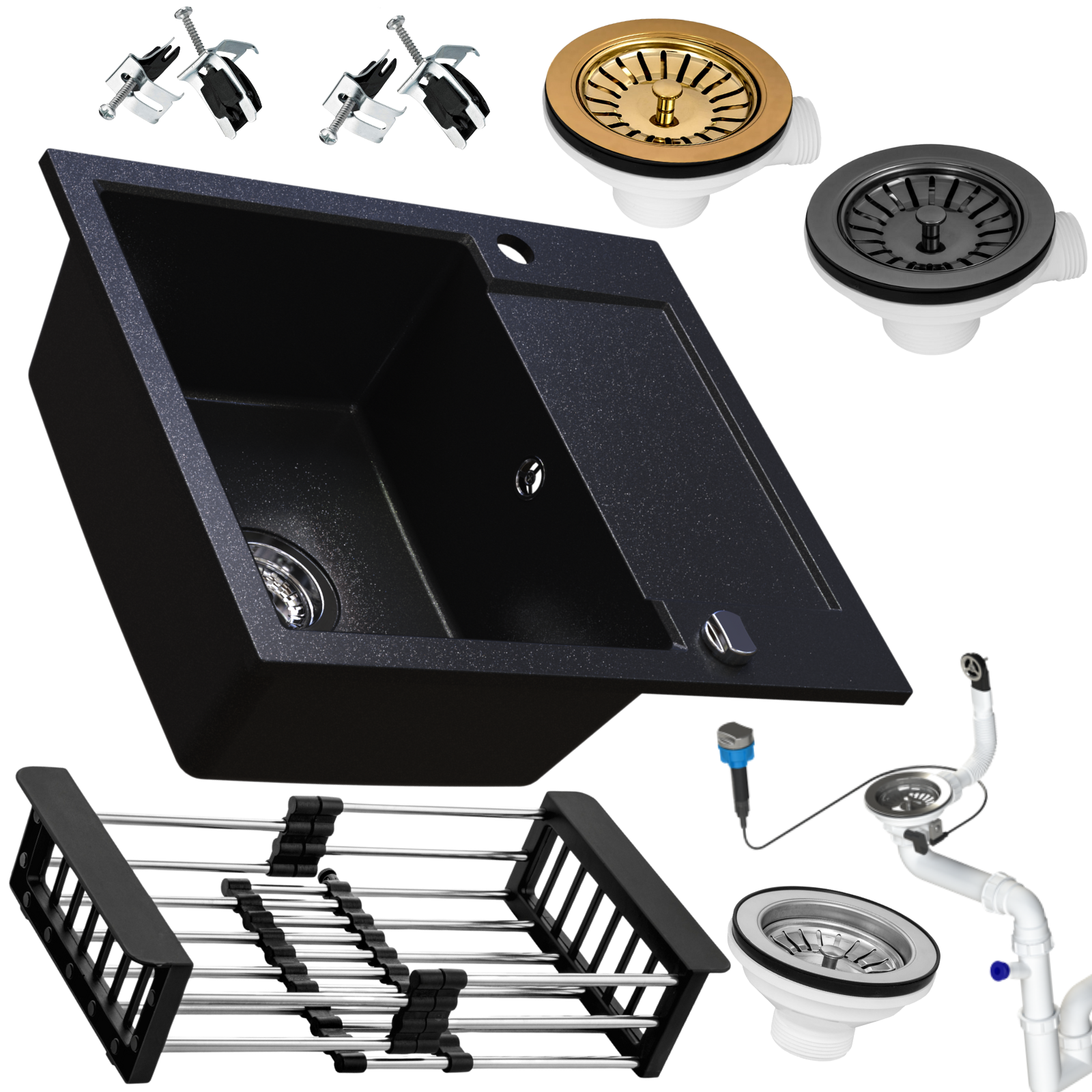 Zlewozmywak granitowy SIQUALY TORRANO CZARNY BROKAT 590 x 500 mm.- jednokomorowy z półociekaczem      