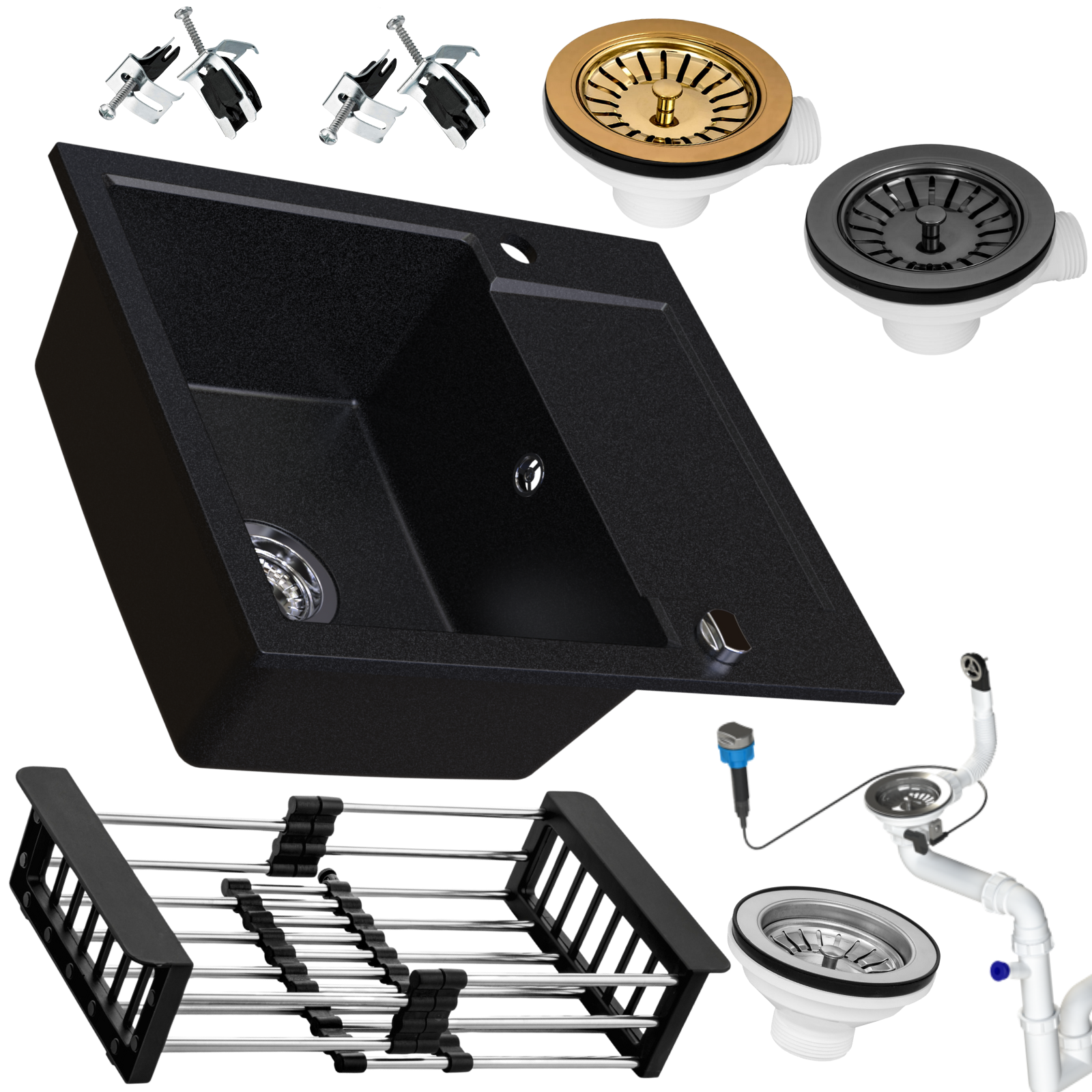 Zlewozmywak granitowy SIQUALY TORRANO CZARNY 590 x 500 mm.- jednokomorowy z półociekaczem      