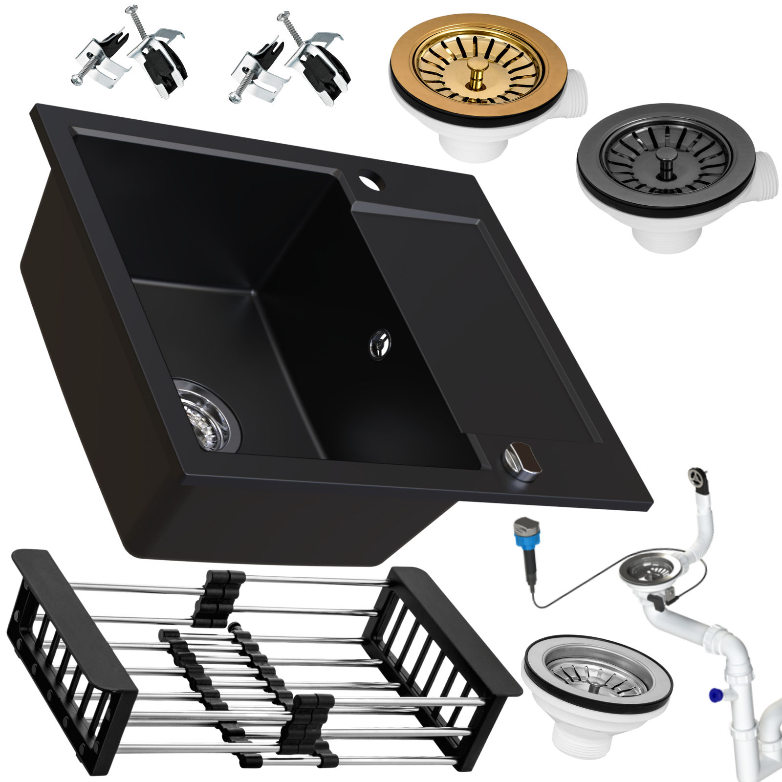 Zlewozmywak granitowy SIQUALY TORRANO CZARNY METALIK 590 x 500 mm.- jednokomorowy z półociekaczem       