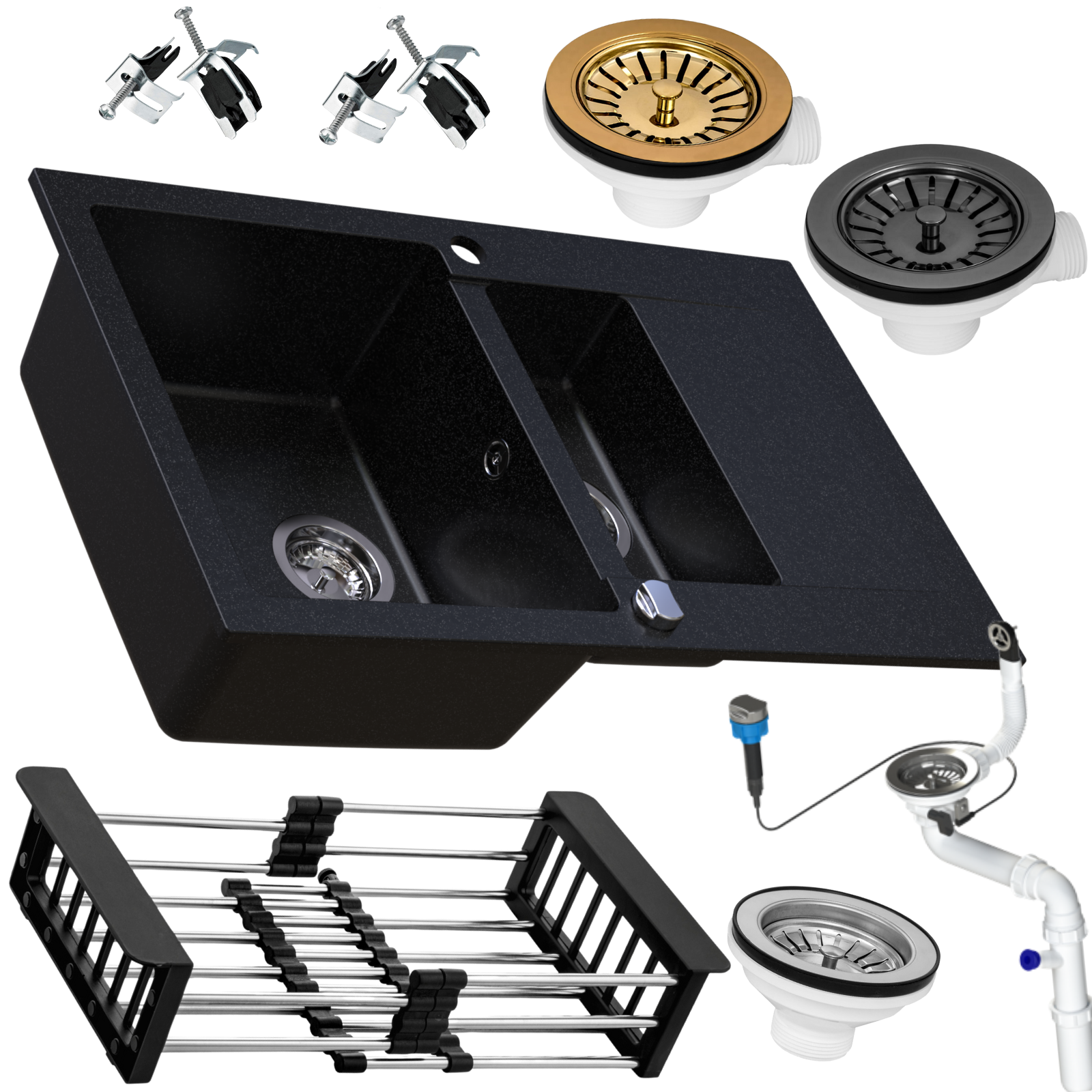 Zlewozmywak granitowy SIQUALY TORRANO CZARNY 795 x 495 mm.- 1,5 - komorowy z półociekaczem  