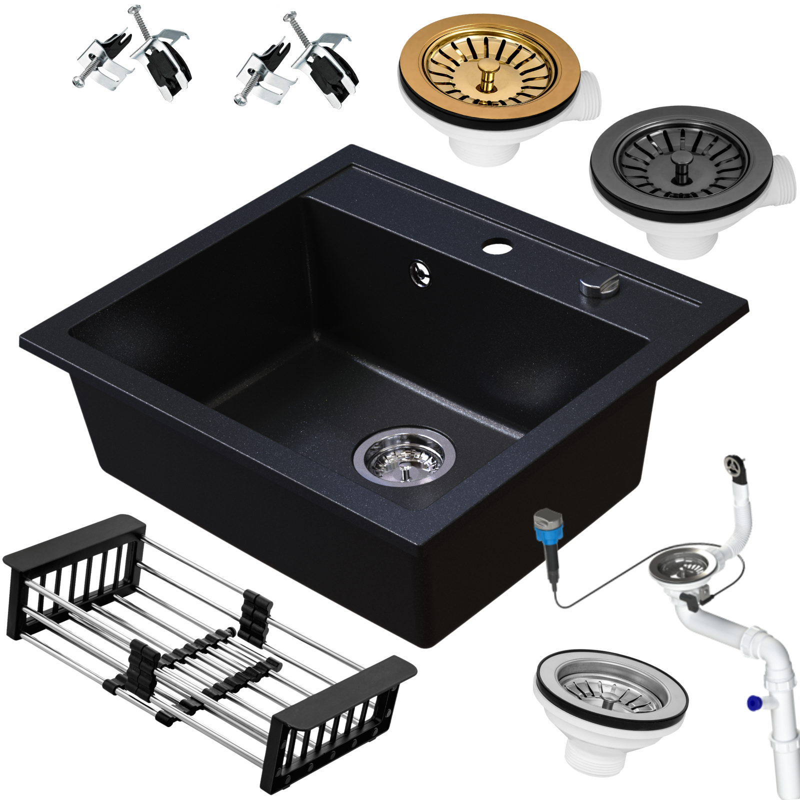 Zlewozmywak granitowy SIQUALY TORRANO CZARNY BROKAT 560 x 510 mm.- jednokomorowy