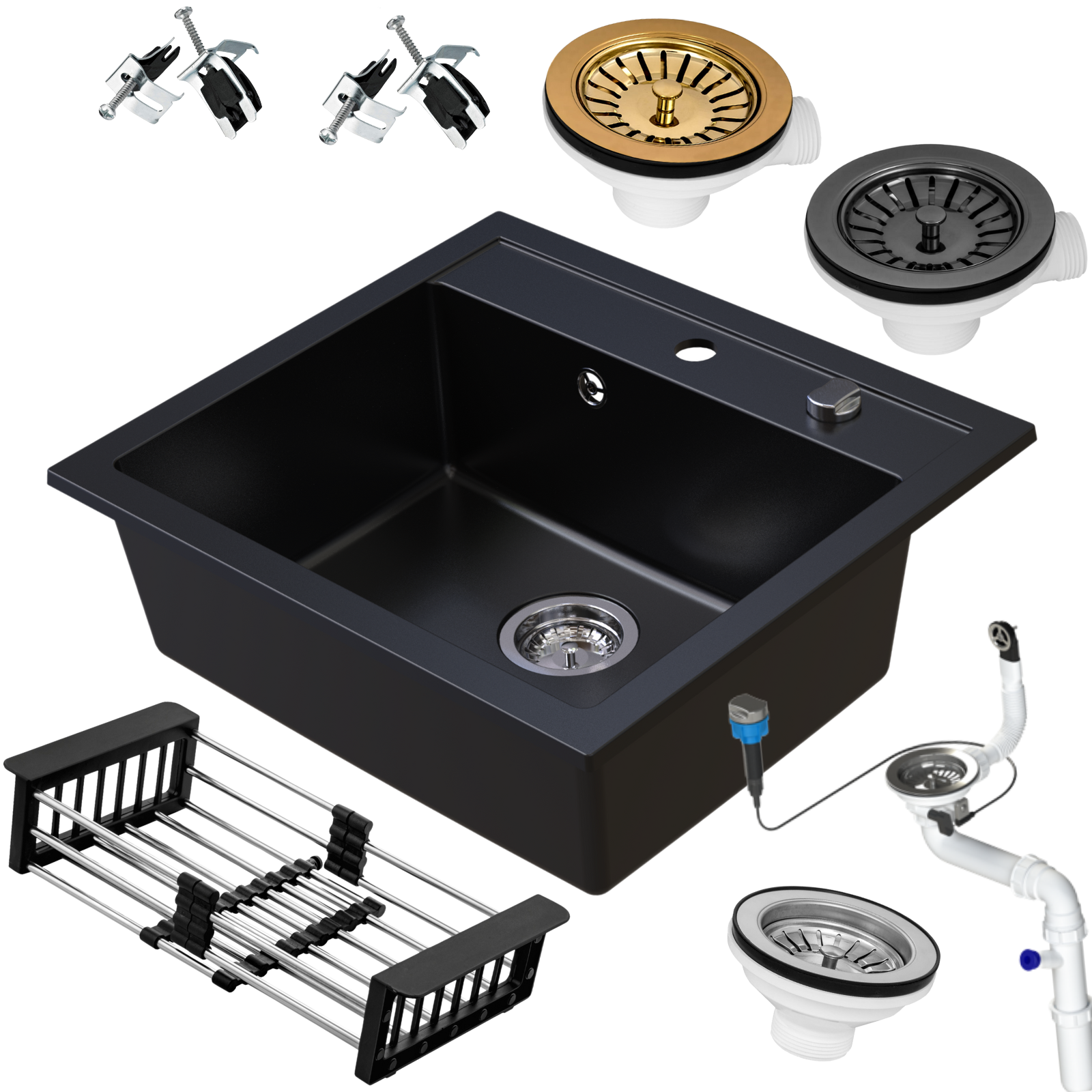 Zlewozmywak granitowy SIQUALY TORRANO CZARNY METALIK 560 x 510 mm.- jednokomorowy  