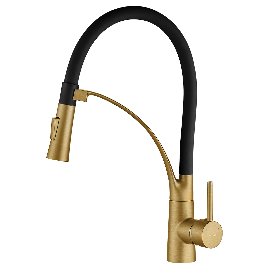 Bateria zlewozmywakowa stojąca OLOR Złoto szczotkowane/czarny  elastyczna wylewka z mocowaniem magnetycznym 