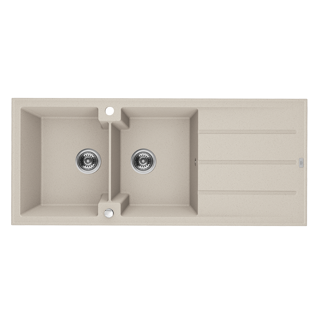 Zlewozmywak granitowy LAVEO CANARIA BEŻOWY 1160 x 500 mm.- Zlew dwukomorowy z ociekaczem  