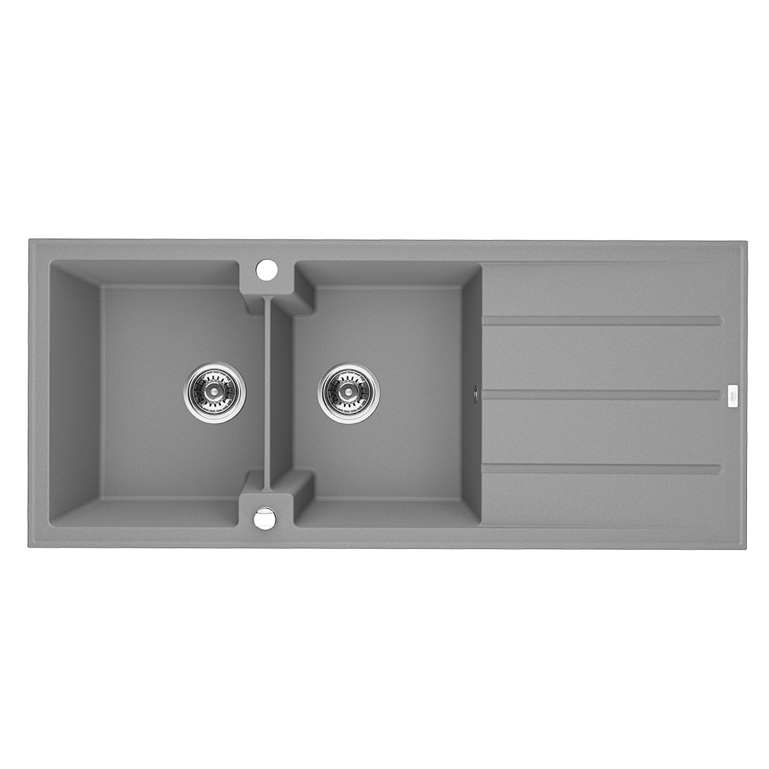 Zlewozmywak granitowy LAVEO CANARIA SZARY 1160 x 500 mm.- Zlew dwukomorowy z ociekaczem  