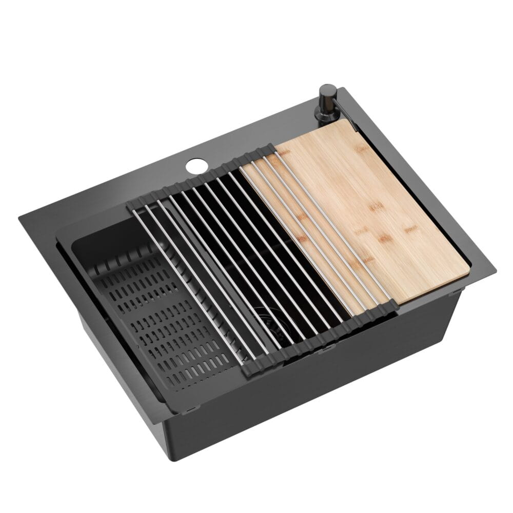Zlewozmywak stalowy QUADRON LUKE 110 WORKSTATION 58x45 BLACK METAL - Zlew kuchenny jednokomorowy + akcesoria