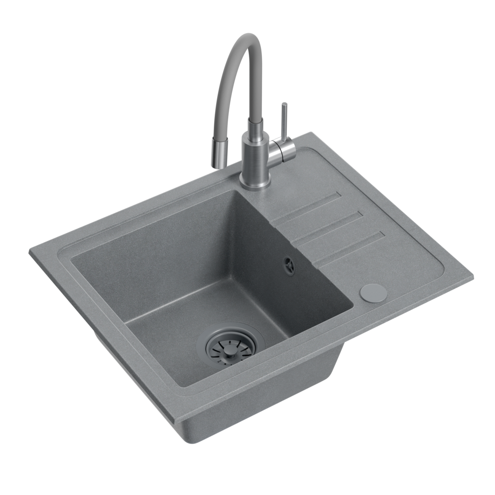 Zlewozmywak granitowy QUADRON BEN 116 55x44 SZARY - Zlew kuchenny jednokomorowy z baterią MAGGIE z elastyczną wylewką kolor szary + syfon szary + zaślepka szara