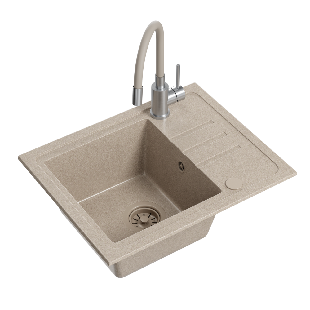 Zlewozmywak granitowy QUADRON BEN 116 55x44 BEŻOWY - Zlew kuchenny jednokomorowy z baterią MAGGIE z elastyczną wylewką kolor beżowy + syfon beżowy + zaślepka beżowa