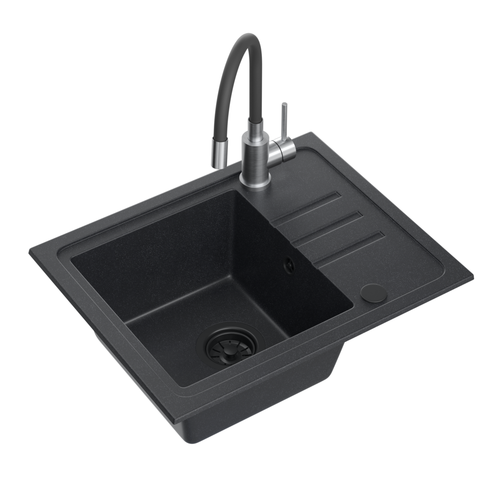 Zlewozmywak granitowy QUADRON BEN 116 55x44 CZARNY - Zlew kuchenny jednokomorowy z baterią MAGGIE z elastyczną wylewką kolor czarny + syfon czarny + zaślepka czarna