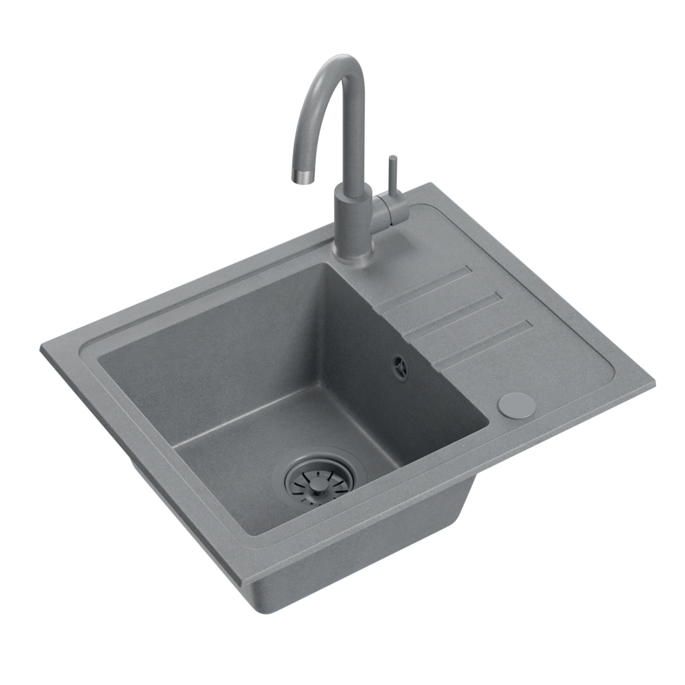 Zlewozmywak granitowy QUADRON BEN 116 55x44 SZARY - Zlew kuchenny jednokomorowy z baterią KATE ze stałą wylewką kolor szary + syfon szary + zaślepka szara