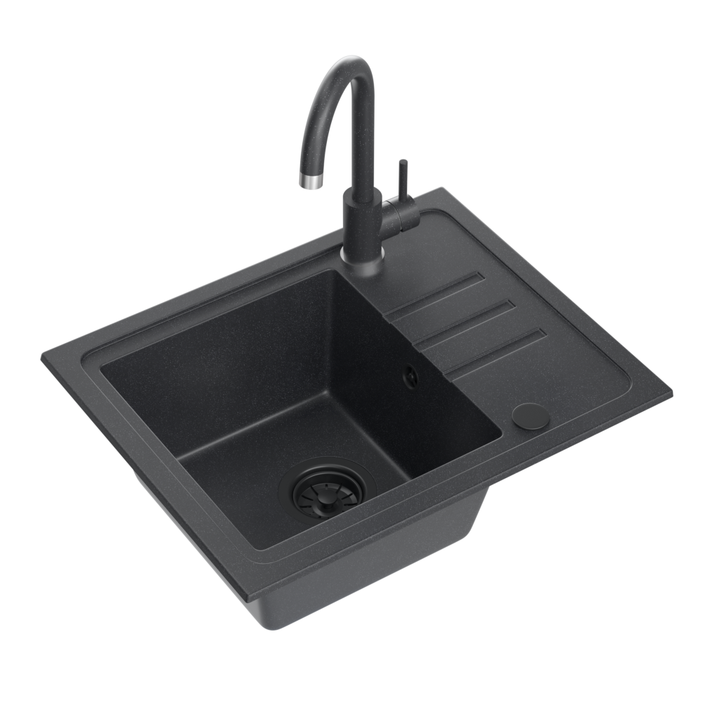 Zlewozmywak granitowy QUADRON BEN 116 55x44 CZARNY - Zlew kuchenny jednokomorowy z baterią KATE ze stałą wylewką kolor czarny + syfon czarny + zaślepka czarna