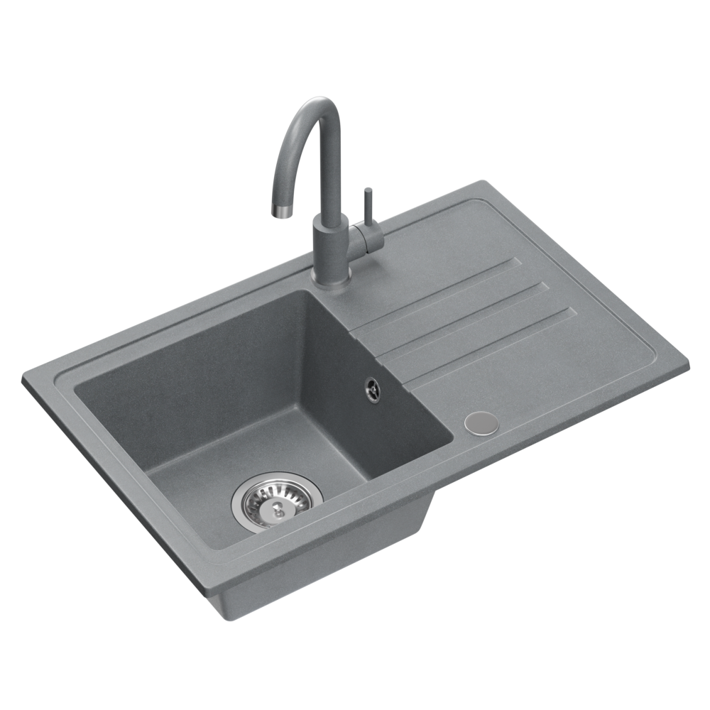 Zlewozmywak granitowy QUADRON BEN 111 70x44 SZARY - Zlew kuchenny jednokomorowy z baterią KATE ze stałą wylewką kolor szary + syfon + zaślepka