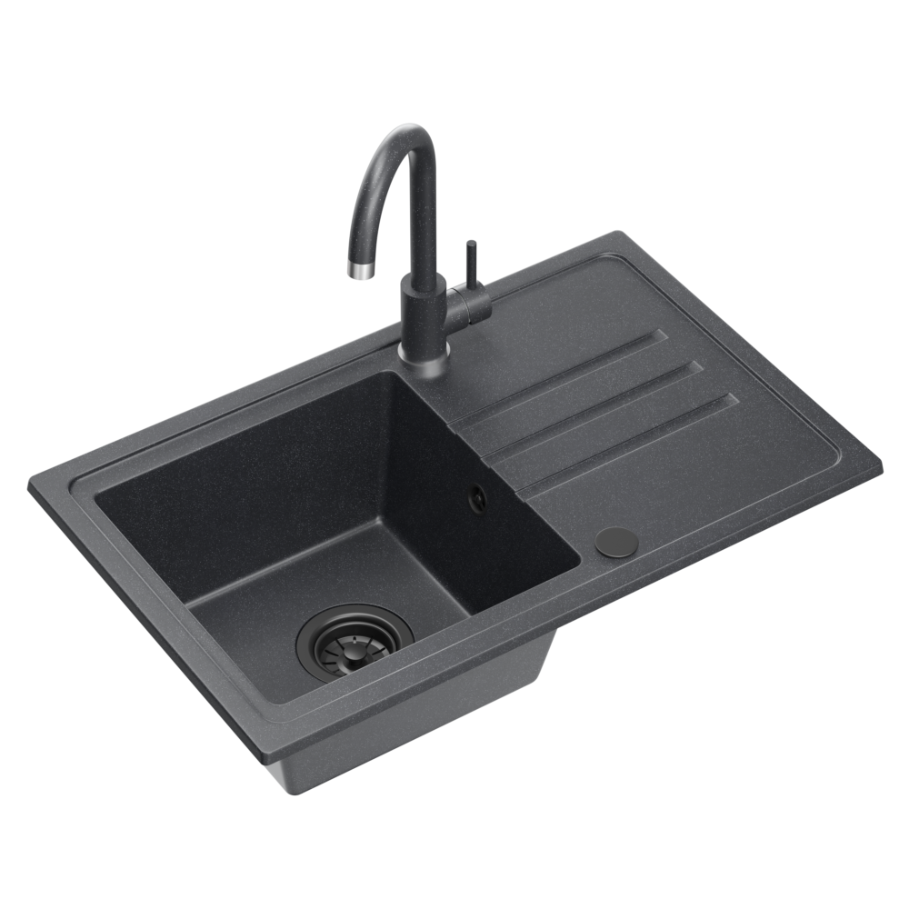 Zlewozmywak granitowy QUADRON BEN 111 70x44 CZARNY - Zlew kuchenny jednokomorowy z baterią KATE ze stałą wylewką kolor czarny + syfon czarny + zaślepka czarna
