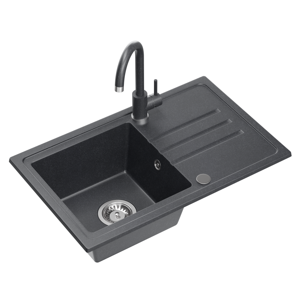 Zlewozmywak granitowy QUADRON BEN 111 70x44 CZARNY - Zlew kuchenny jednokomorowy z baterią KATE ze stałą wylewką kolor czarny + syfon + zaślepka