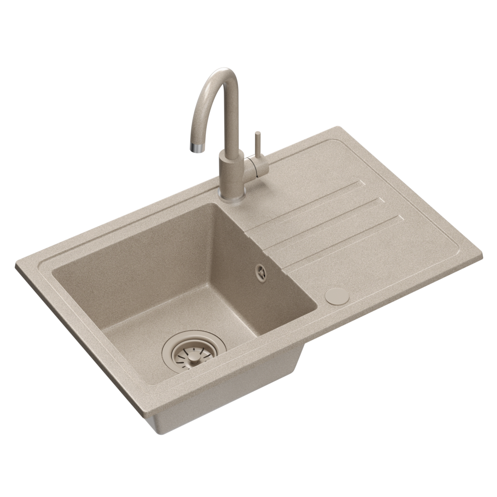 Zlewozmywak granitowy QUADRON BEN 111 70x44 BEŻOWY - Zlew kuchenny jednokomorowy z baterią KATE ze stałą wylewką kolor beżowy + syfon beżowy + zaślepka beżowa