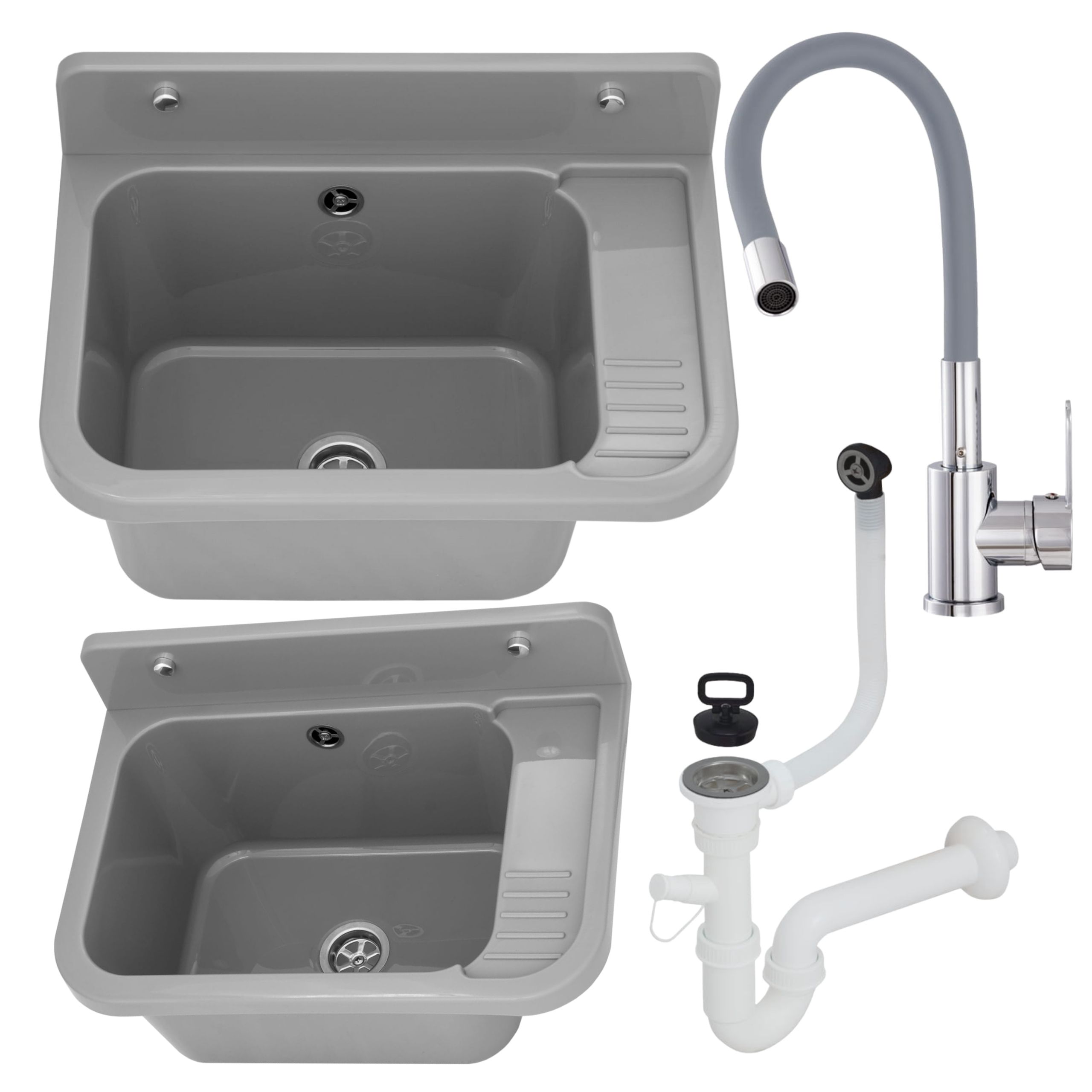 Zlewozmywak gospodarczy VIGO SZARY 50x34 Bateria stojąca FLEX elastyczna wylewka