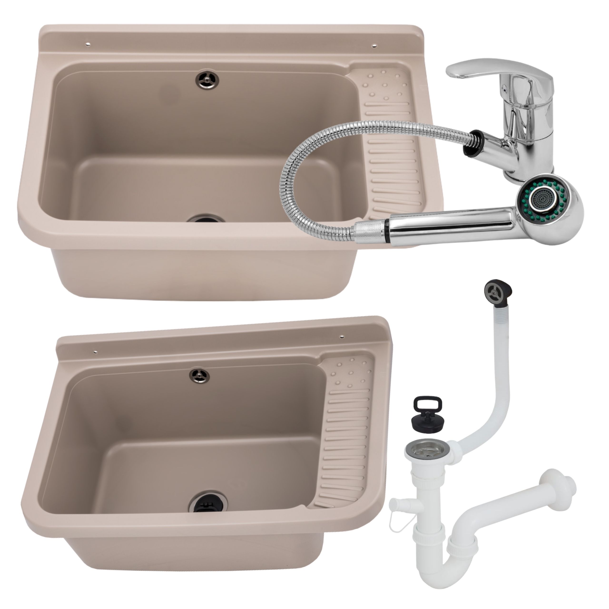 Zlewozmywak gospodarczy CELIA BEŻOWY 58,4x38 + bateria ATUT CHROM z wyciąganą wylewką