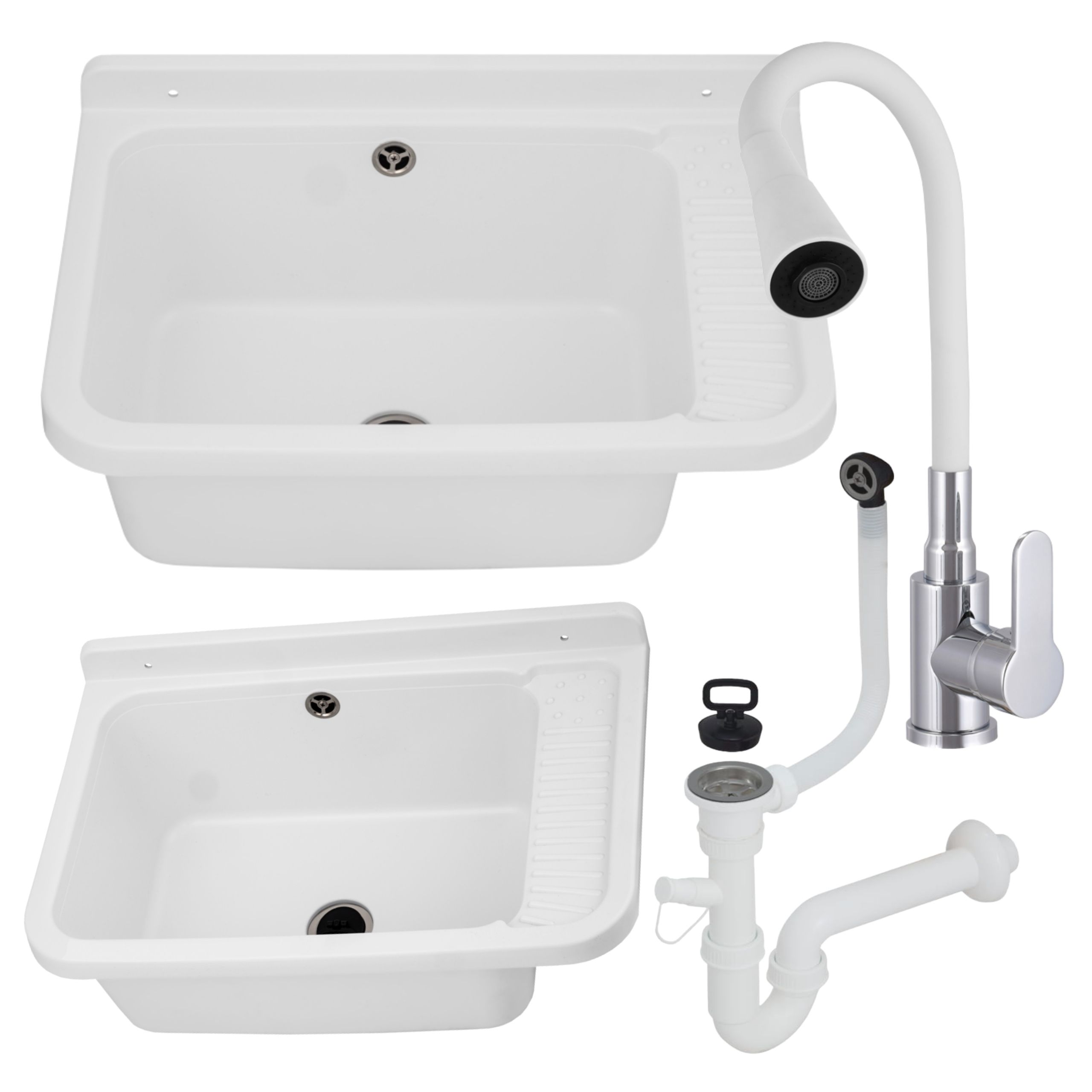 Zlewozmywak gospodarczy CELIA BIAŁY 58,4x38 Bateria stojąca FLEX elastyczna wylewka biała