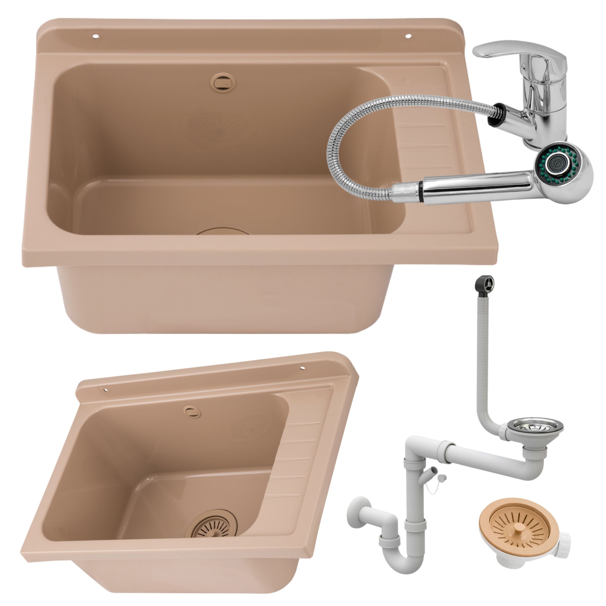 Zlewozmywak gospodarczy SELVA BEŻOWY 58x38 Bateria ATUT CHROM z wyciąganą wylewką