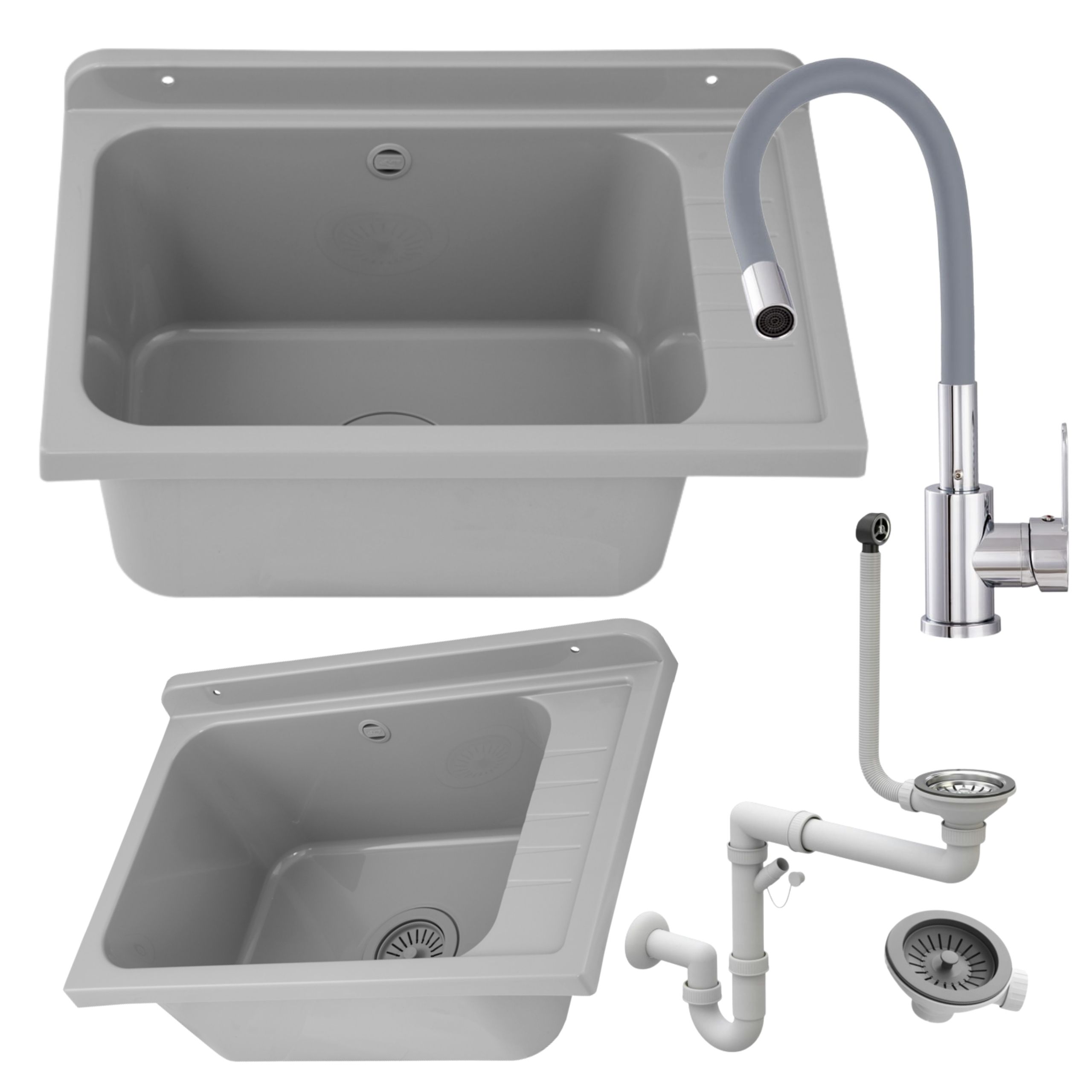 Zlewozmywak gospodarczy SELVA SZARY 58x38 Bateria stojąca FLEX elastyczna wylewka