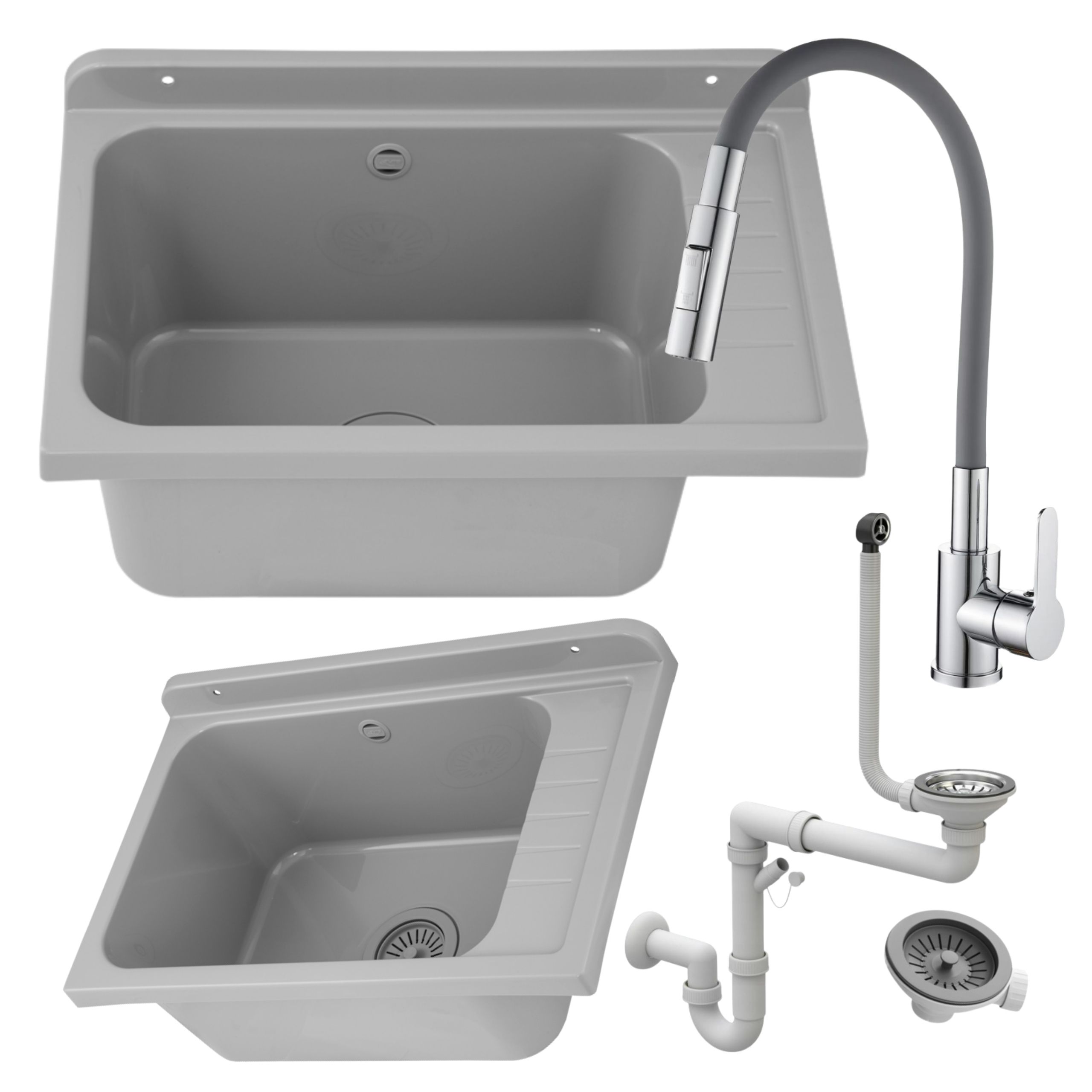 Zlewozmywak gospodarczy SELVA SZARY 58x38 Bateria stojąca FLEX elastyczna dwufunkcyjna wylewka