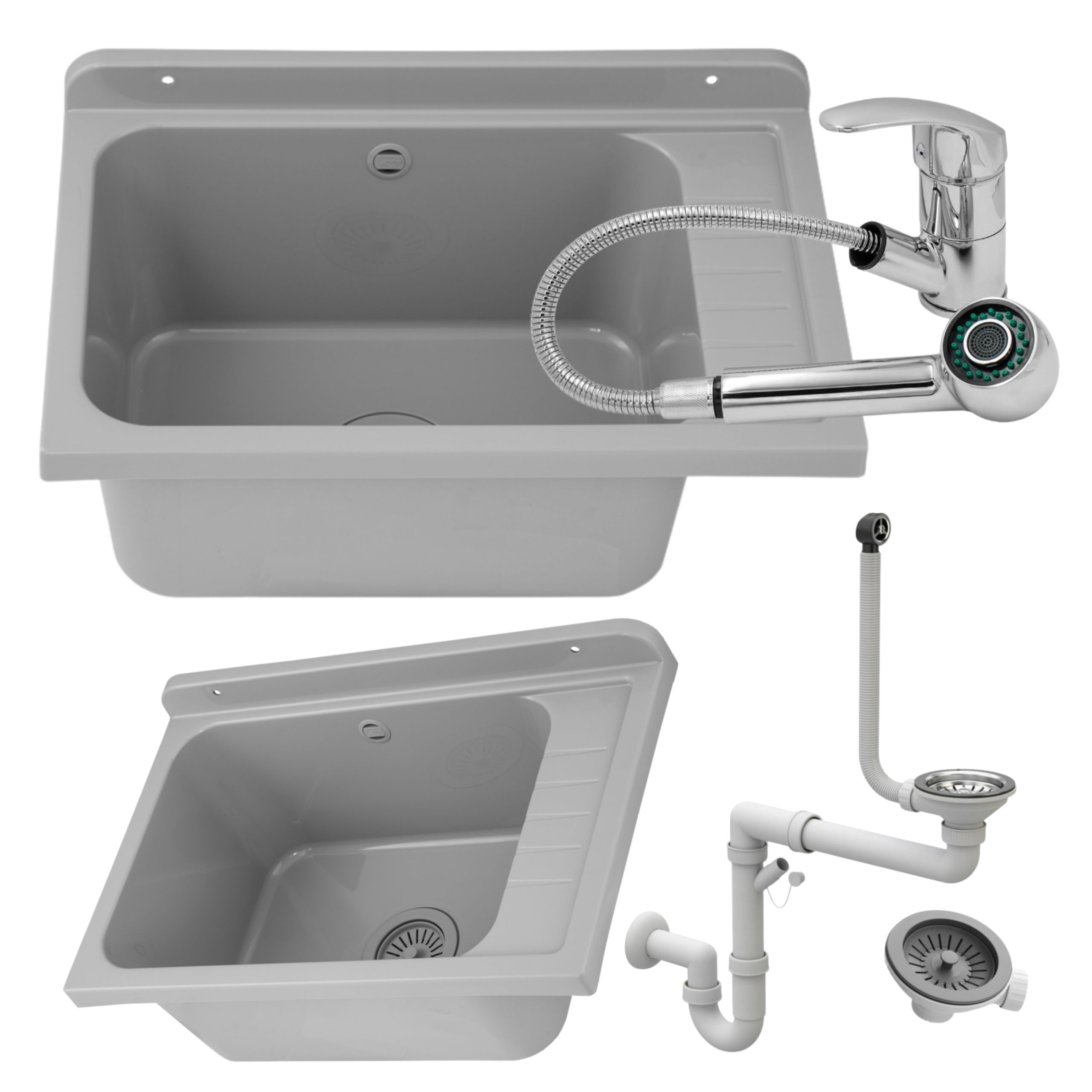 Zlewozmywak gospodarczy SELVA SZARY 58x38 Bateria ATUT CHROM z wyciąganą wylewką