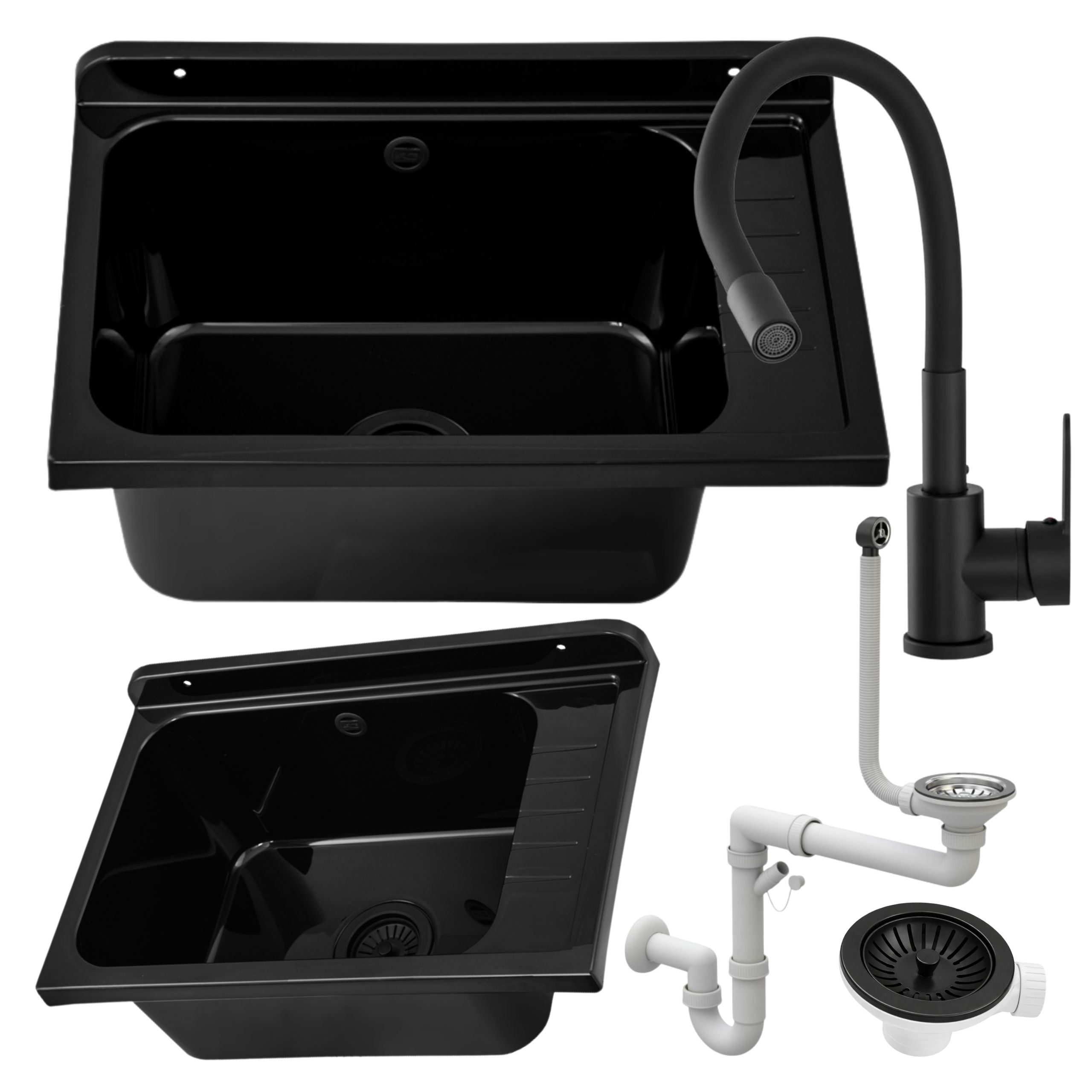 Zlewozmywak gospodarczy SELVA CZARNY 58x38 Bateria stojąca FLEX elastyczna wylewka