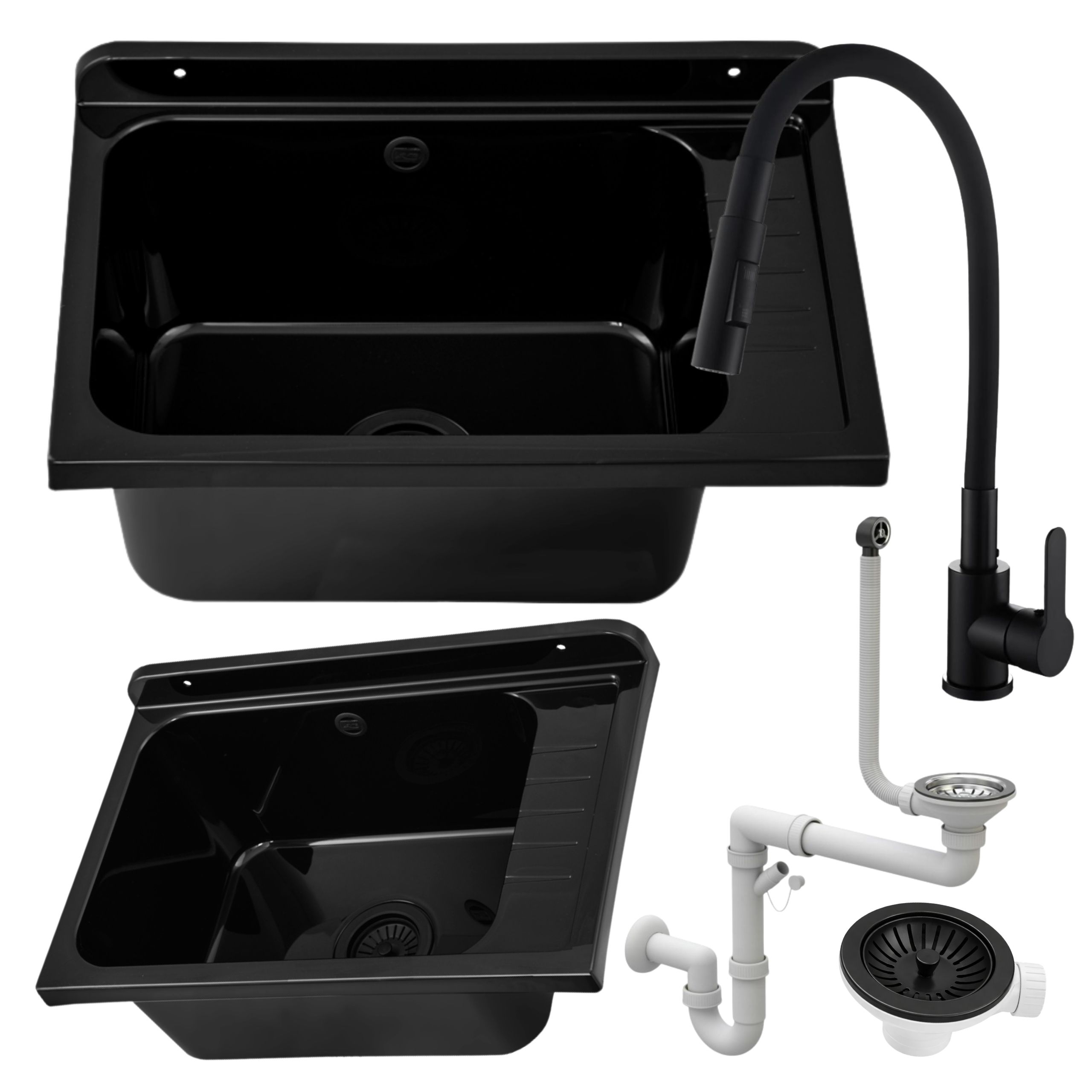 Zlewozmywak gospodarczy SELVA CZARNY 58x38 Bateria stojąca FLEX elastyczna dwufunkcyjna wylewka