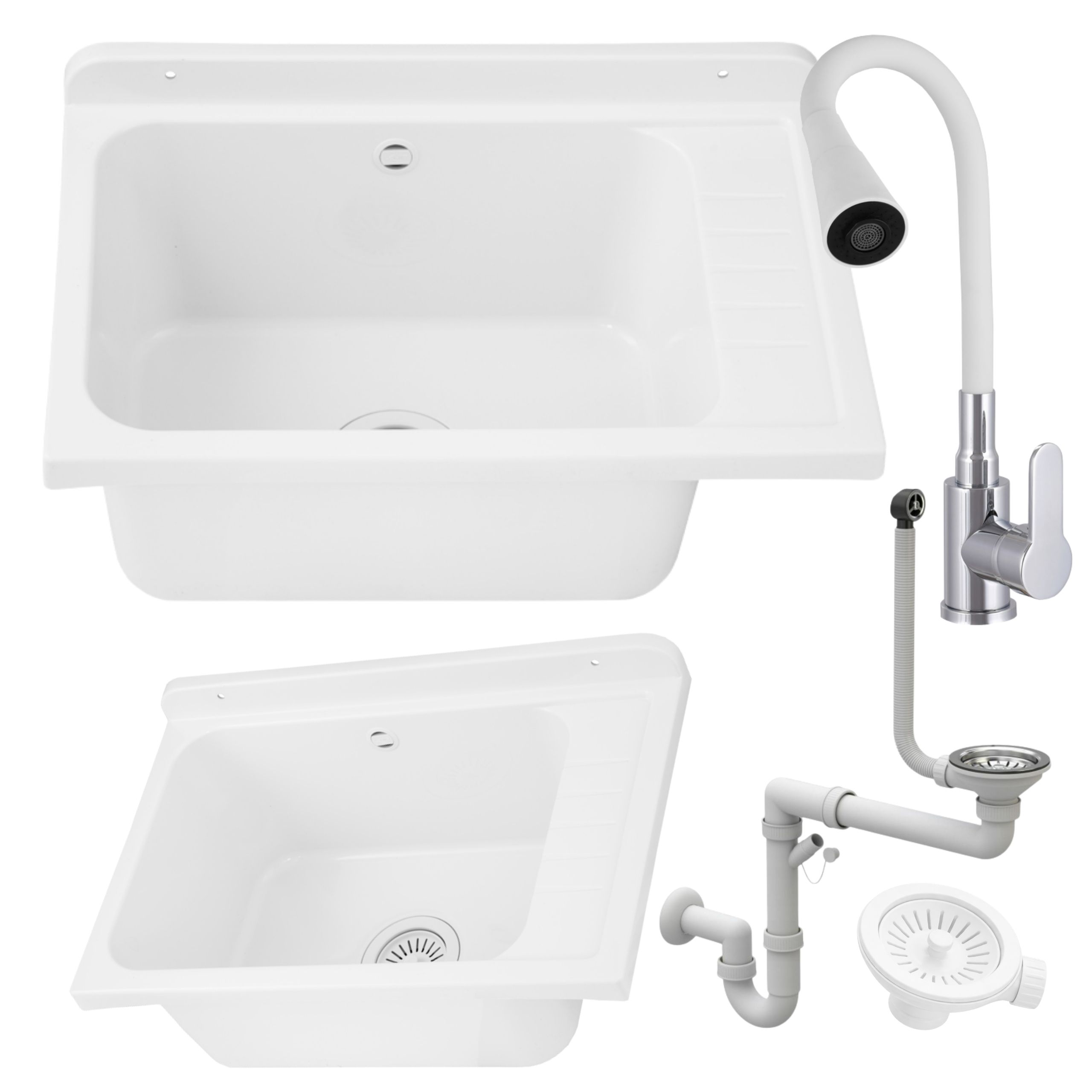 Zlewozmywak gospodarczy SELVA BIAŁY 58x38 Bateria stojąca FLEX elastyczna wylewka biała