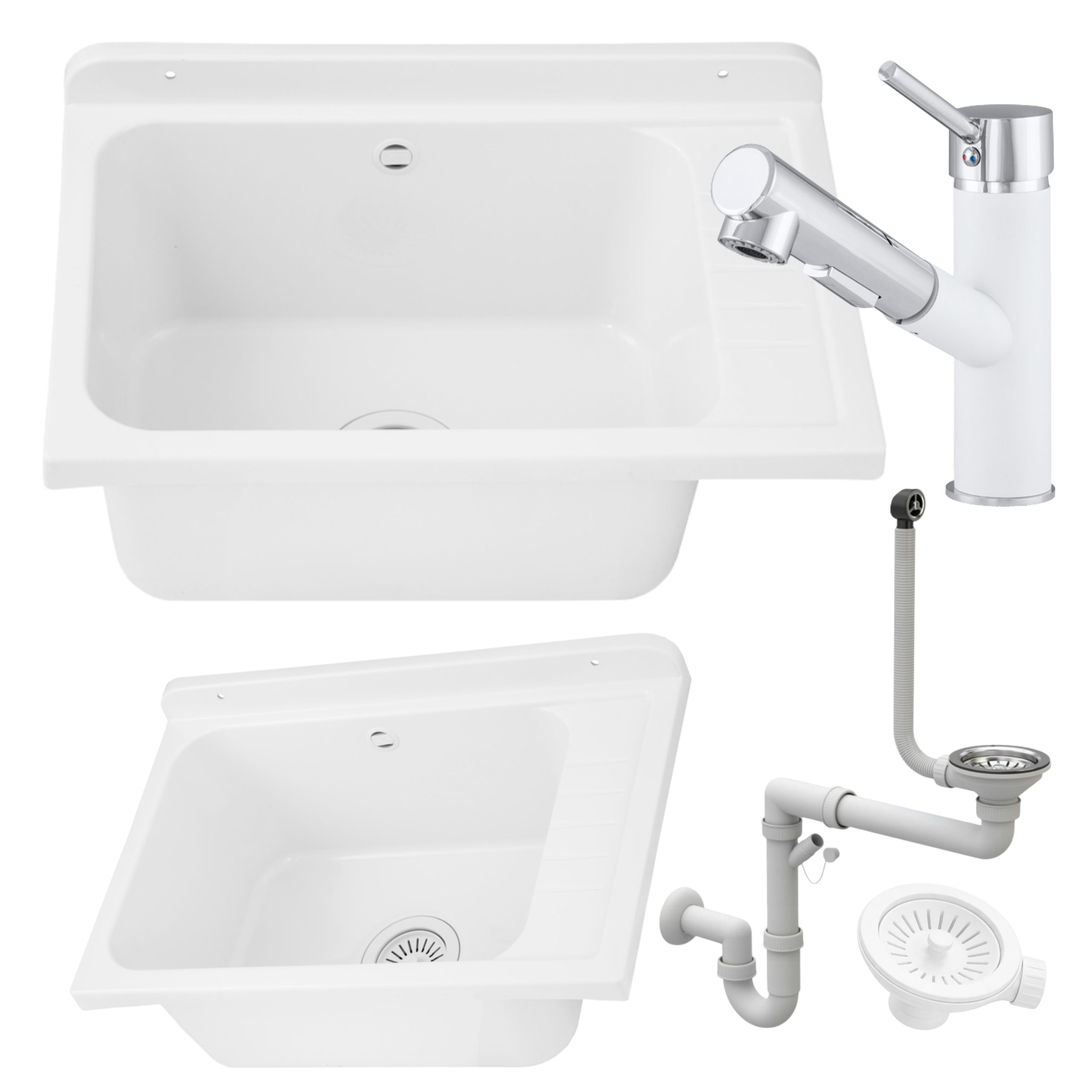 Zlewozmywak gospodarczy SELVA BIAŁY 58x38 Bateria CADO BIAŁA z wyciąganą wylewką