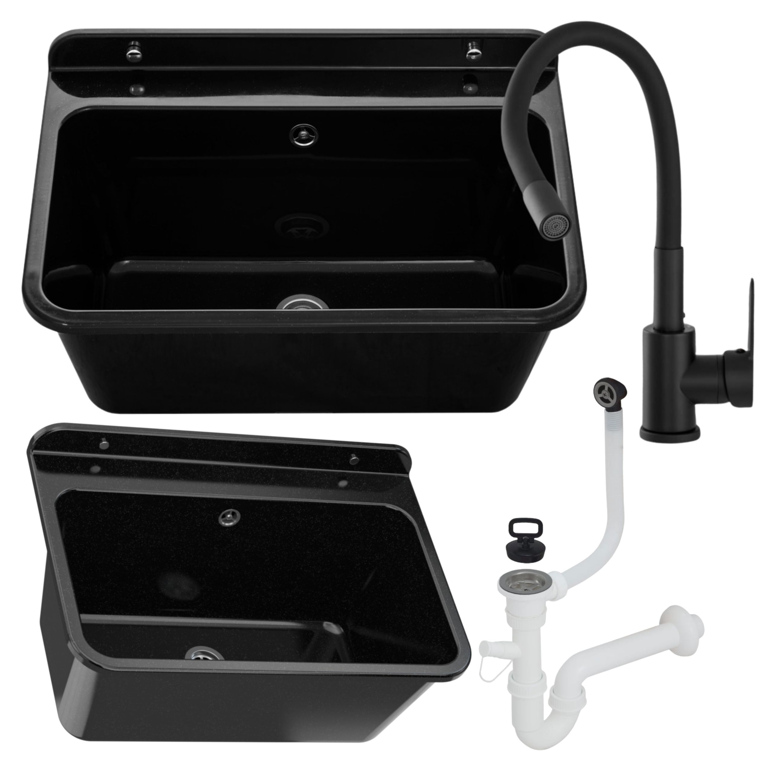 Zlewozmywak gospodarczy LARGE CZARNY 61x41 Bateria stojąca FLEX elastyczna wylewka