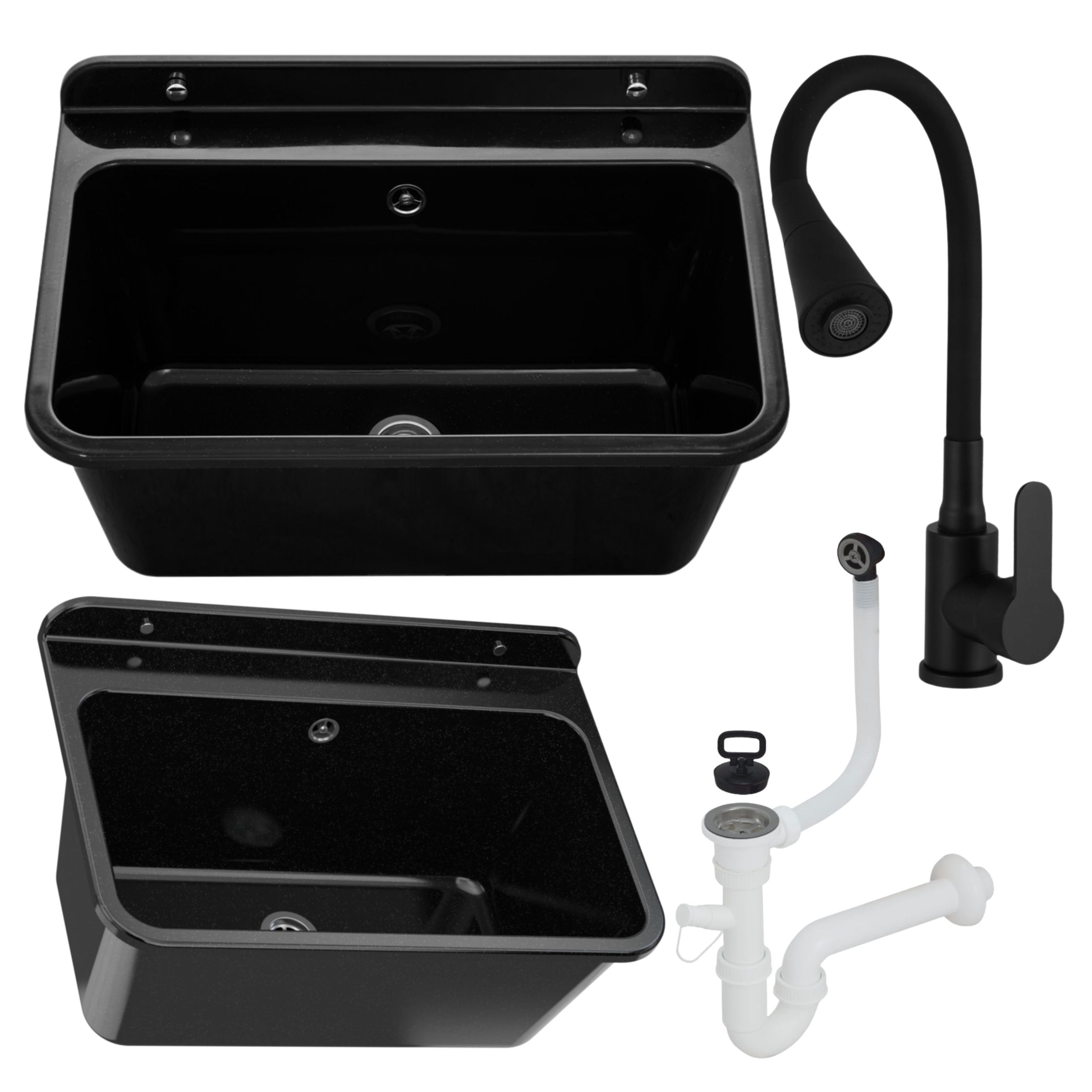 Zlewozmywak gospodarczy LARGE CZARNY 61x41 Bateria stojąca FLEX elastyczna wylewka czarna