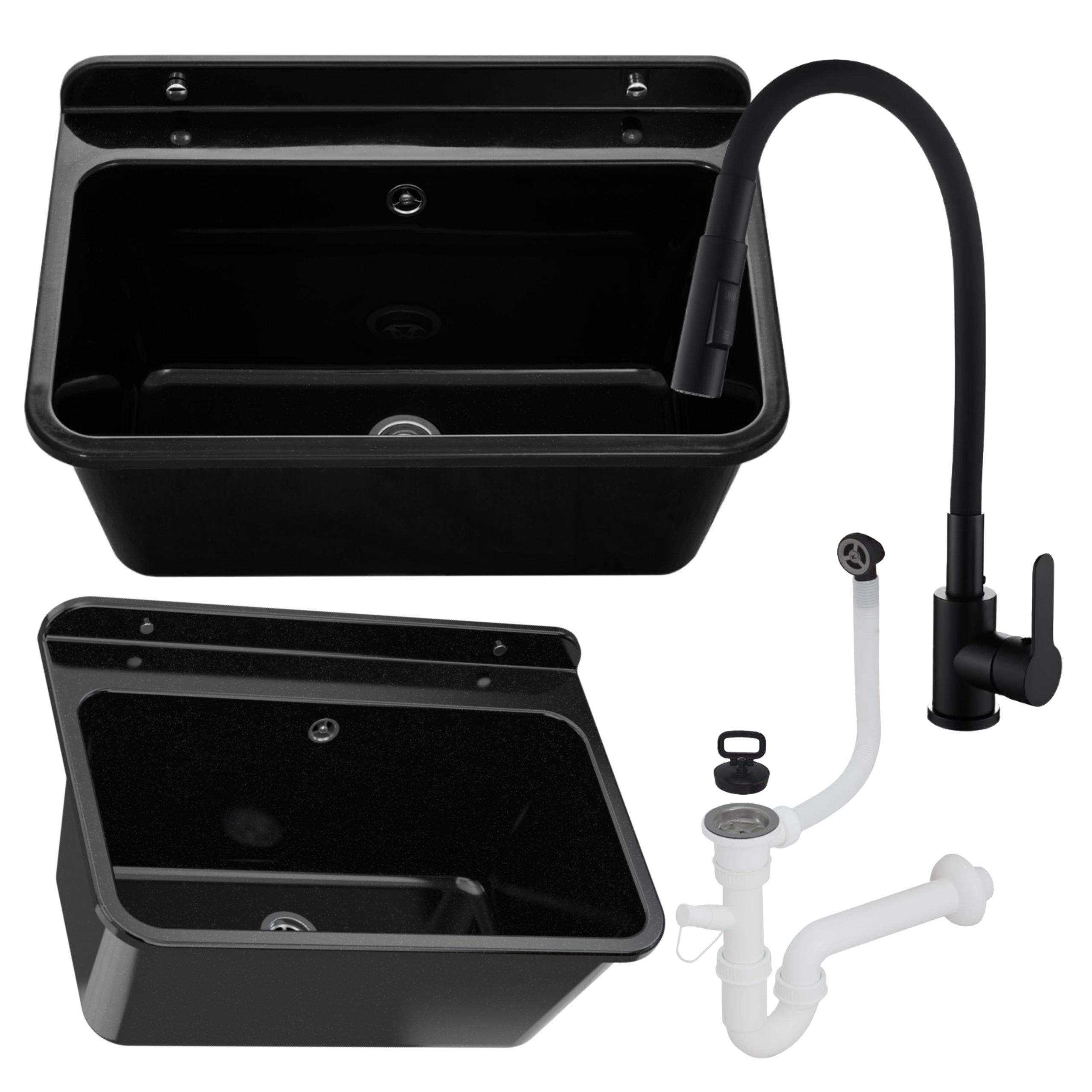 Zlewozmywak gospodarczy LARGE CZARNY 61x41 Bateria stojąca FLEX elastyczna dwufunkcyjna wylewka