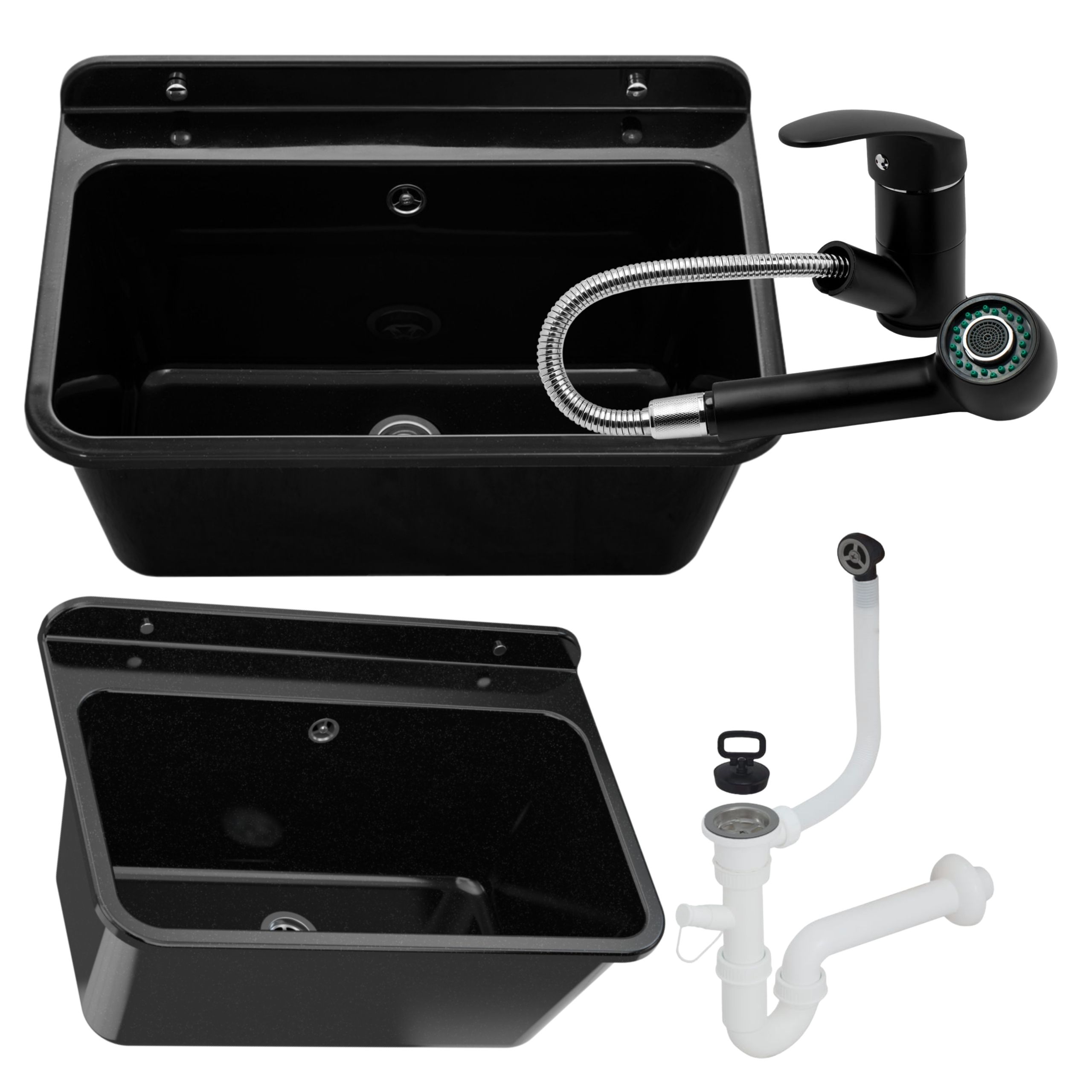 Zlewozmywak gospodarczy LARGE CZARNY 61x41 Bateria z wyciąganą wylewką ATUT CZARNA