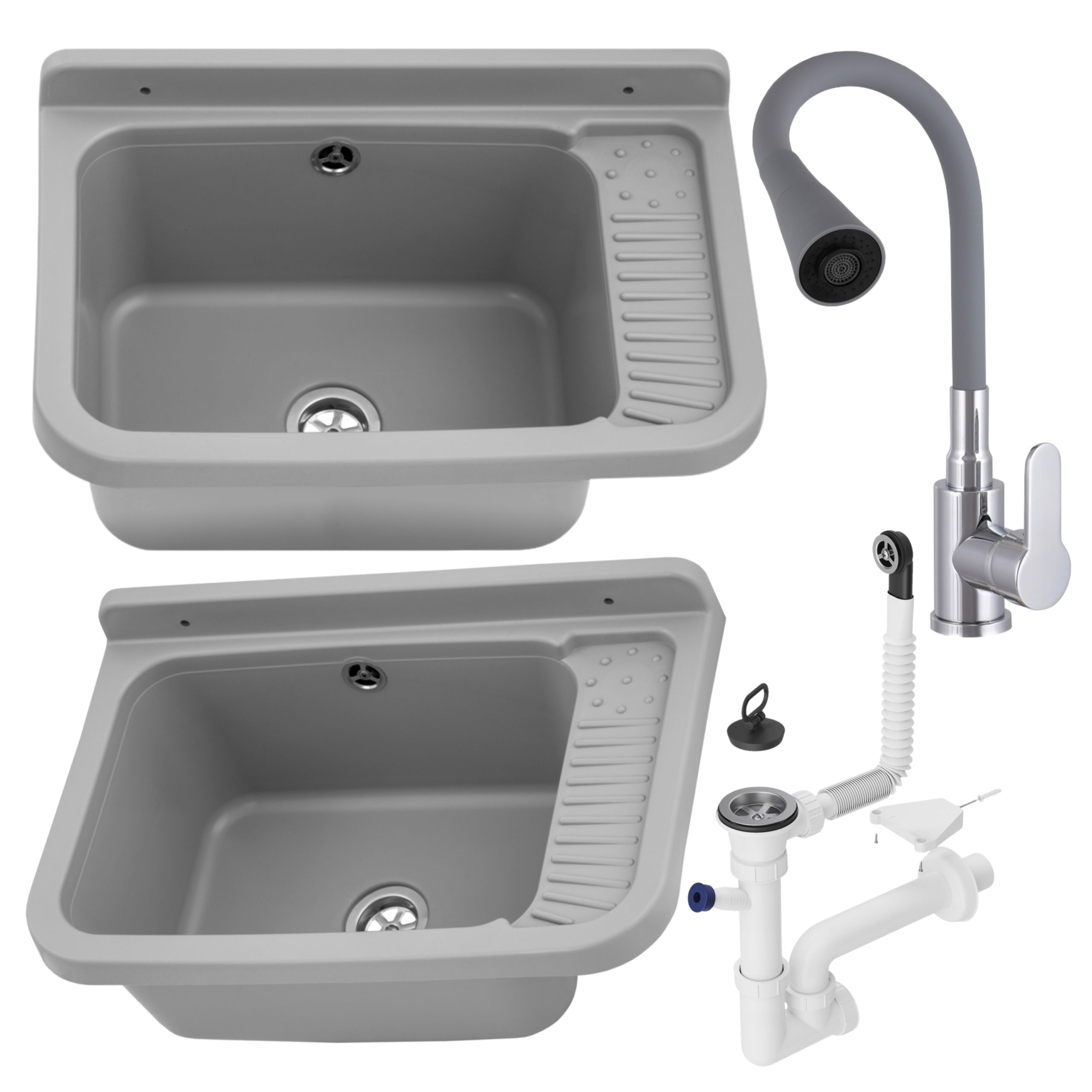 Zlewozmywak gospodarczy GRADIA SZARY Bateria stojąca FLEX elastyczna wylewka szara